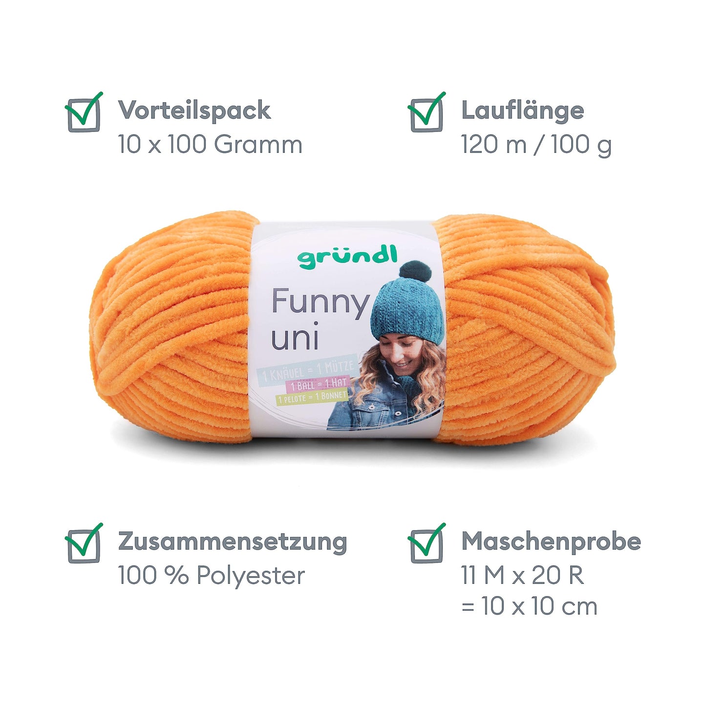 Gründl Wolle Funny uni - soft chenille wool for crocheting - cuddly and skin-friendly - 100% polyester - 10 balls 100 g / 120 m - needle size 5-6, yellow - 3442-29