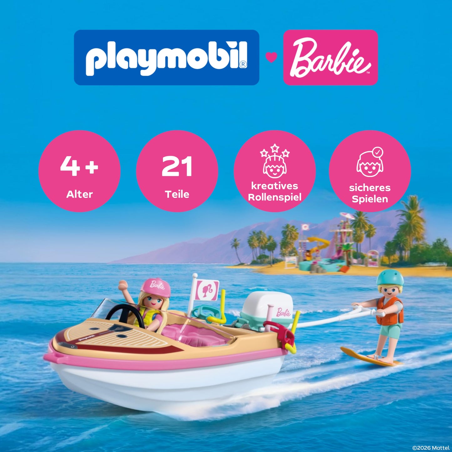 PLAYMOBIL | Barbie | Adventure boat | Speedboat with Barbie & Ken | Wakeboarding & snorkeling action for children | Malibu summer feeling & water adventure | Water toys | For children aged 4 and over | 72122