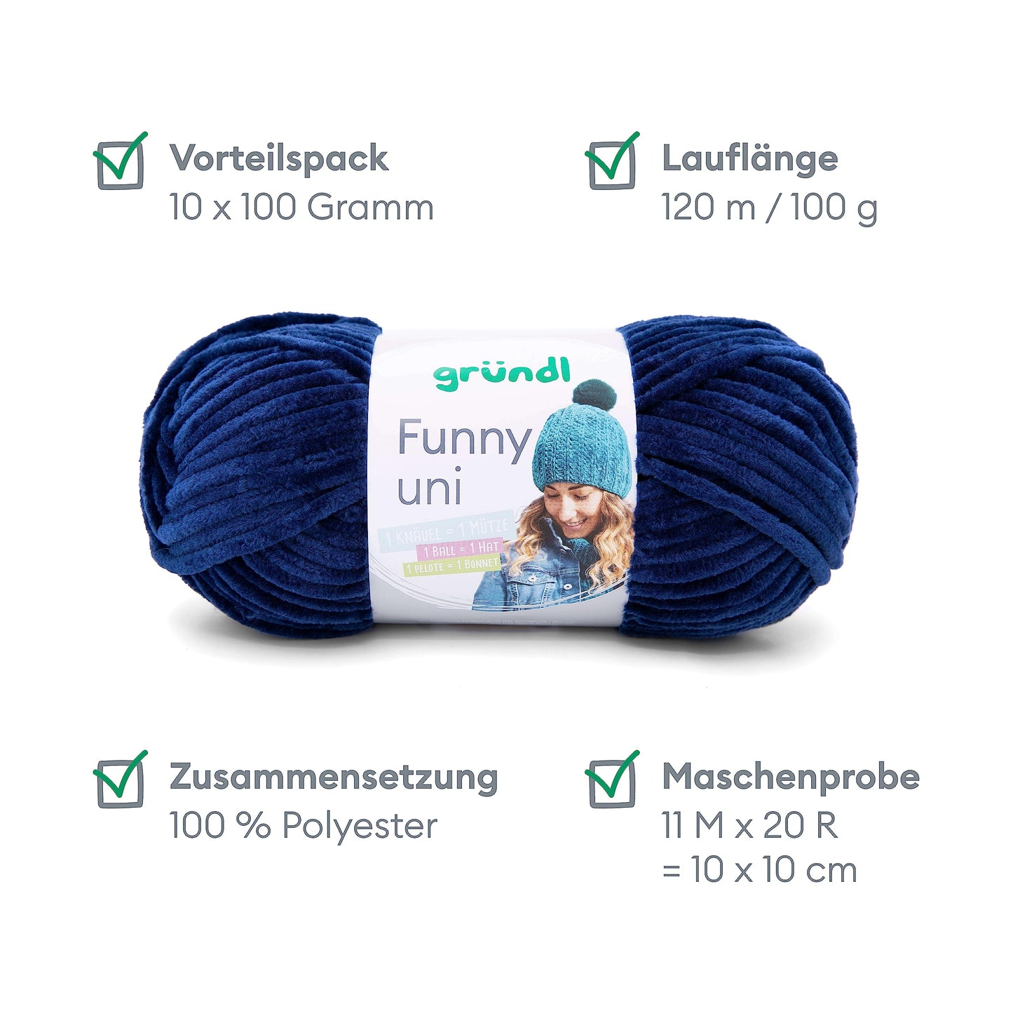 Gründl Wolle Funny uni - soft chenille wool for crocheting - cuddly and skin-friendly - 100% polyester - 10 balls 100 g / 120 m - needle size 5-6, navy - 3442-25