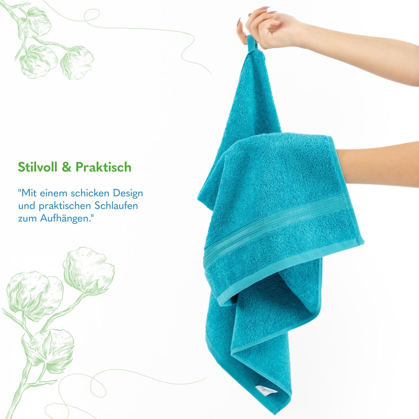Hammetex set of 6 towels - 2 bath towels 70x140 cm & 4 hand towels 50x100 cm - 100% cotton terry - Oeko-TEX certified - soft, absorbent - with hangers, turquoise - RN66