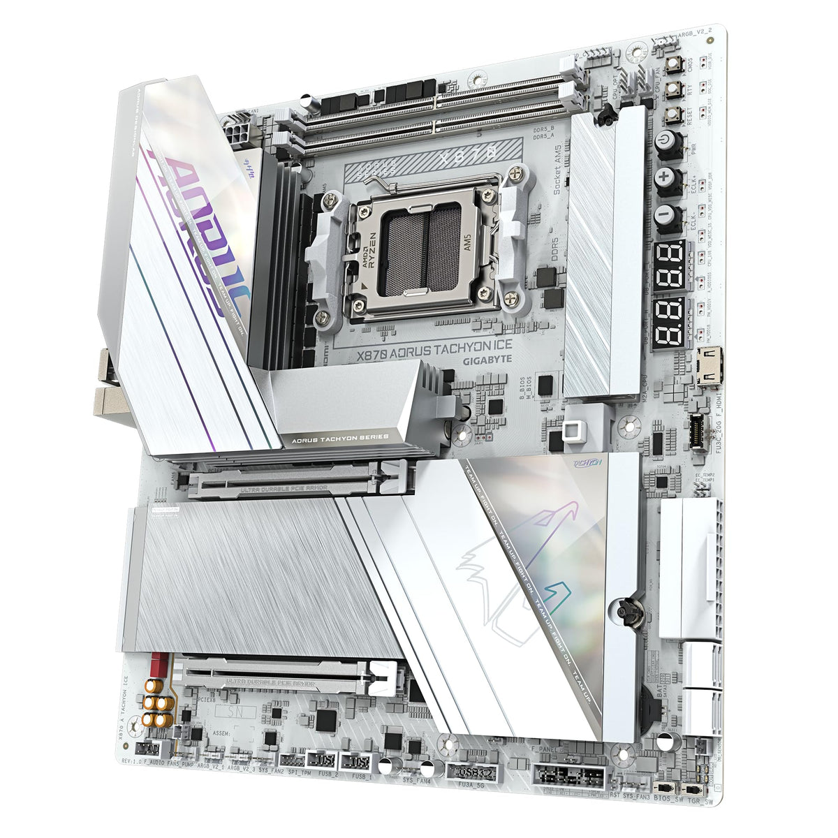 GIGABYTE X870 AORUS Tachyon Ice Mainboard – Supports AMD Ryzen 9000 CPUs, Digital 18+2+2 Phase VRM, up to 9600 MHz DDR5 (OC), 1 x PCIe 5.0 + 2 x PCIe 4.0, Wi-Fi 7, 5 GbE LAN, USB 4