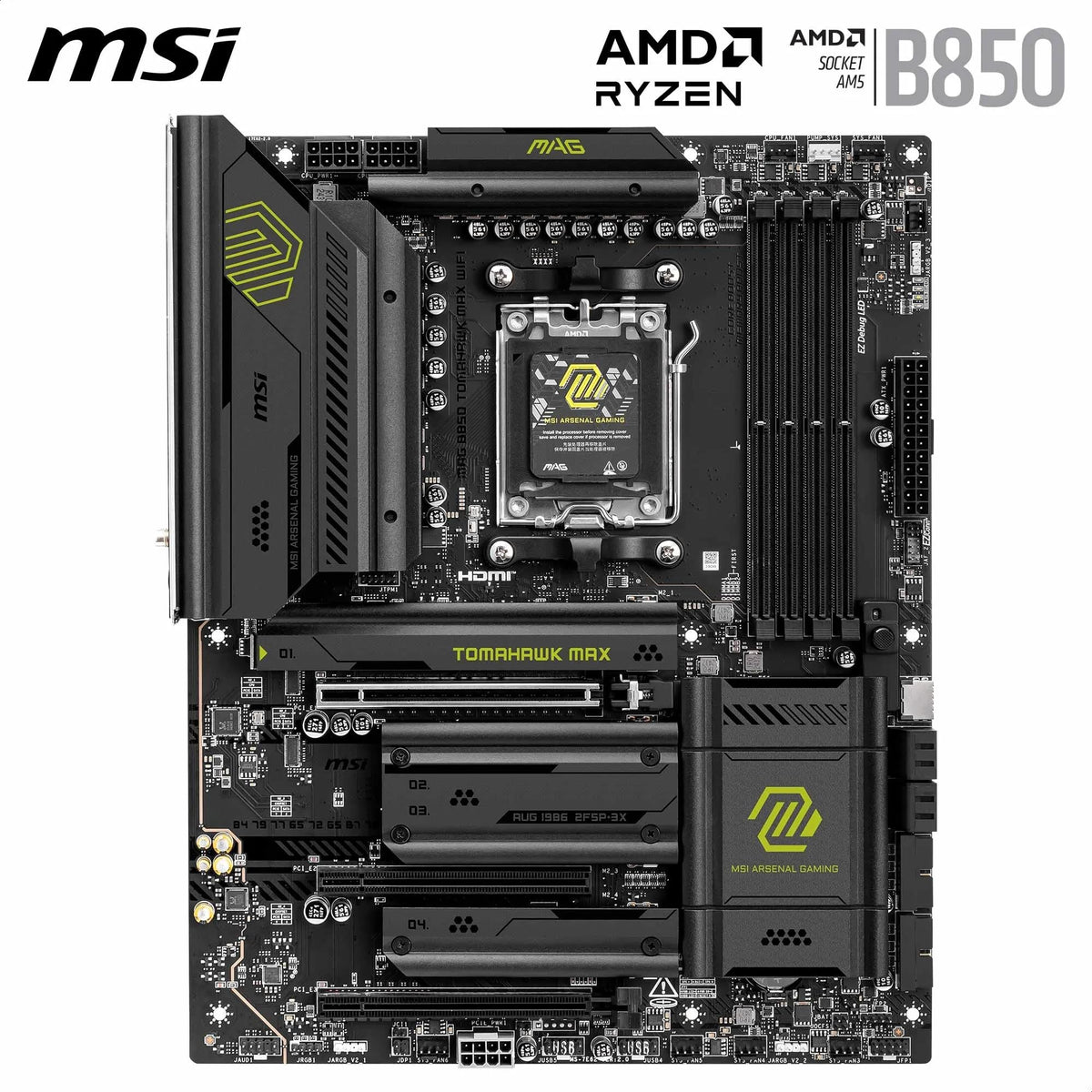 MSI MAG B850 Tomahawk MAX WiFi Motherboard, ATX - Supports AMD Ryzen 9000/8000/7000 processors, AM5-80A SPS VRM, DDR5 Memory Boost 8400+ MT/s (OC), PCIe 5.0 x16, M.2 Gen5, Wi-Fi 7, 5G LAN - 7E62-002R