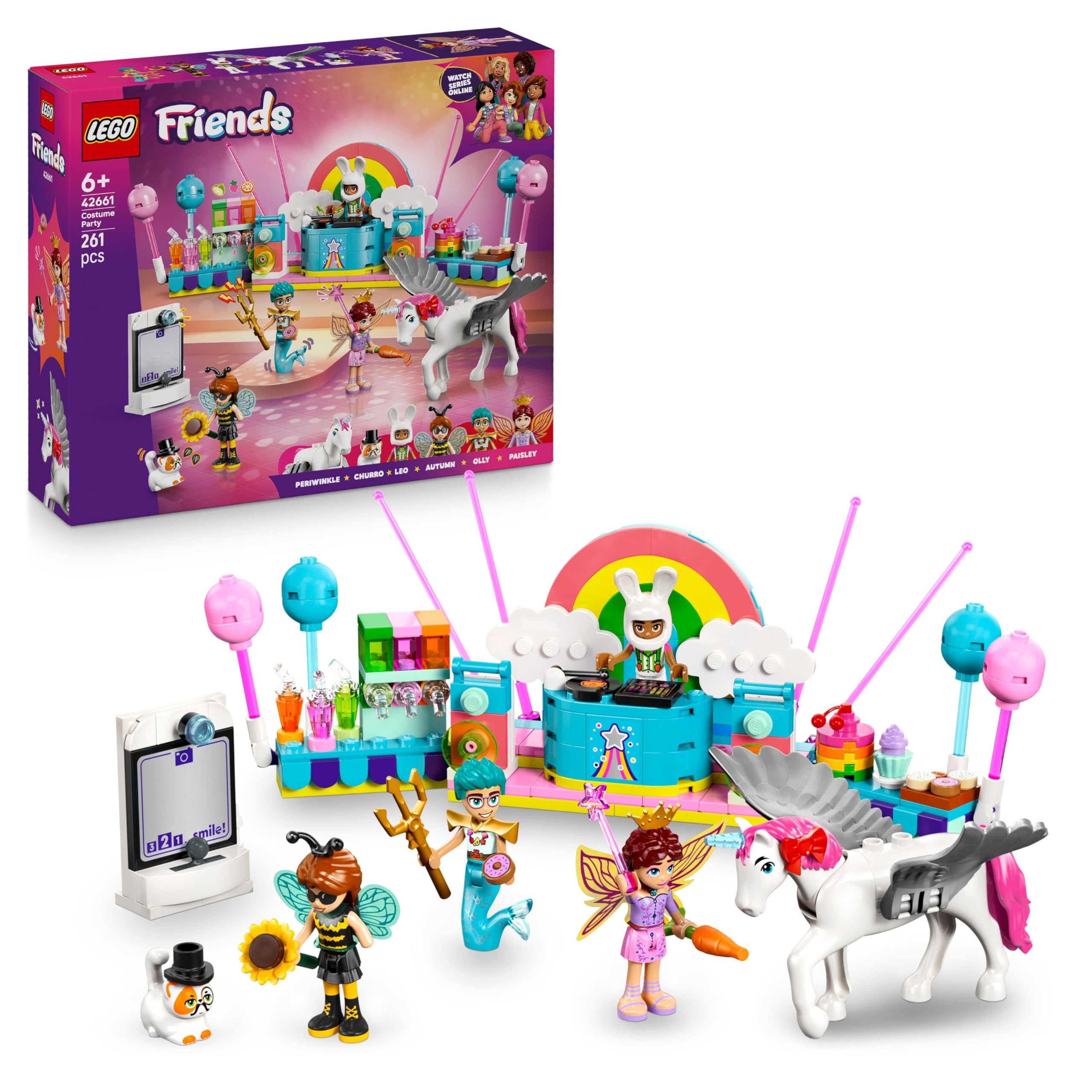 LEGO Friends costume party with unicorn and fairy - toy for girls aged 6 and over - stage, DJ booth, 4 mini dolls, the cat Churro and a horse figure as well as fun accessories - gift idea - 42661