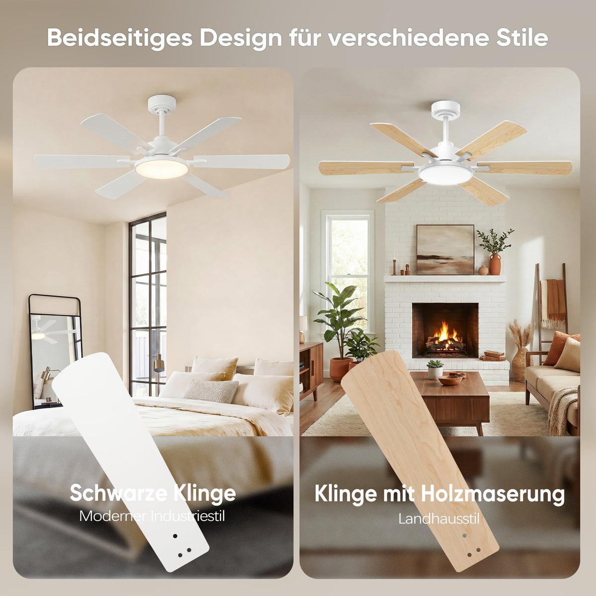 ROTTOGOON Ceiling Fan with Lighting 132cm, Double-Sided Blades, White - NJ004