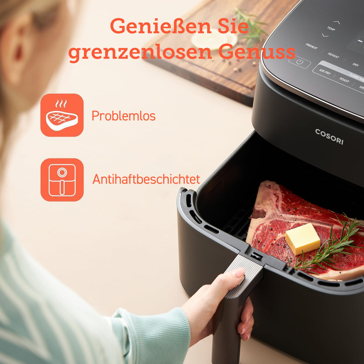 COSORI Air Fryer Turbo Blaze 6L original basket, ceramic coating without PFAS, replacement accessory for the hot air fryer ‎CAF-DC601-KEU, non-stick coating, dishwasher safe, gray - CRP-DC601RB-KEU