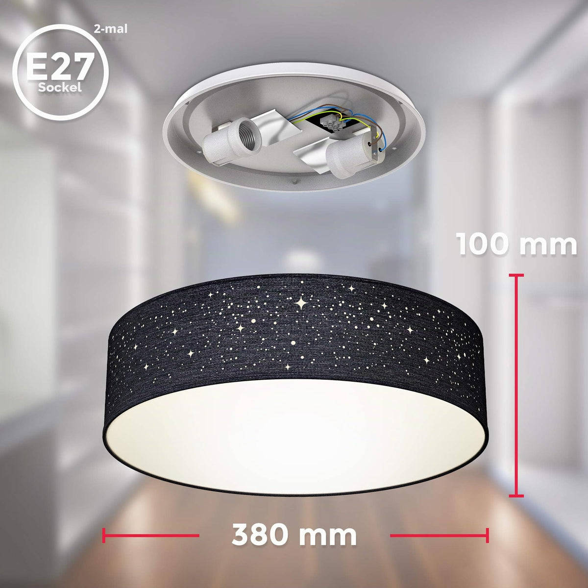 B.K.Licht - Ceiling lamp, lampshade with star effect, fabric lampshade, E27 socket, max. 40 watts, ceiling light, lamp, living room lamp, bedroom lamp, kitchen lamp, 38x10 cm, black - BKL1347