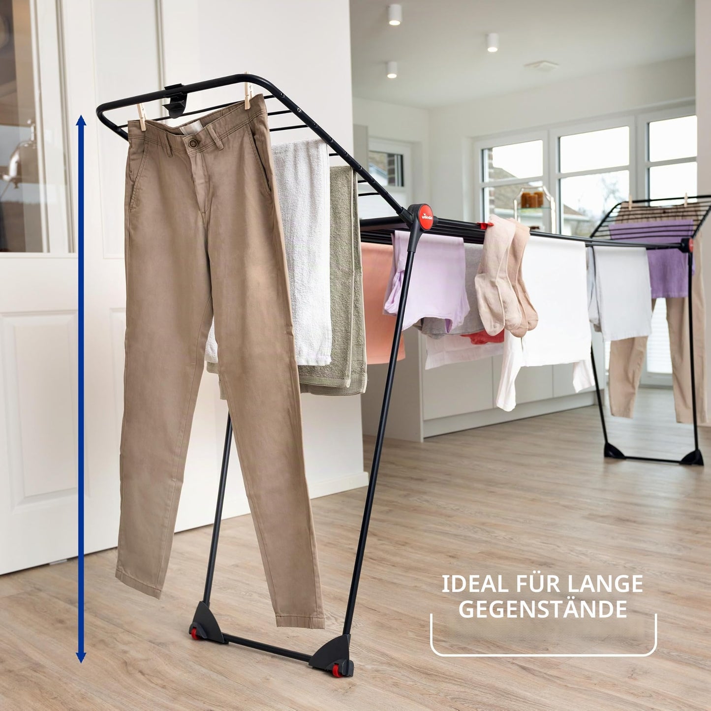 Vileda Infinity Flex Ultimate Drying Rack Black Edition | Extendable black telescopic frame, XXL drying rods | Foldable & pre-assembled - fewer marks for large textiles | Comfort pack - 178871