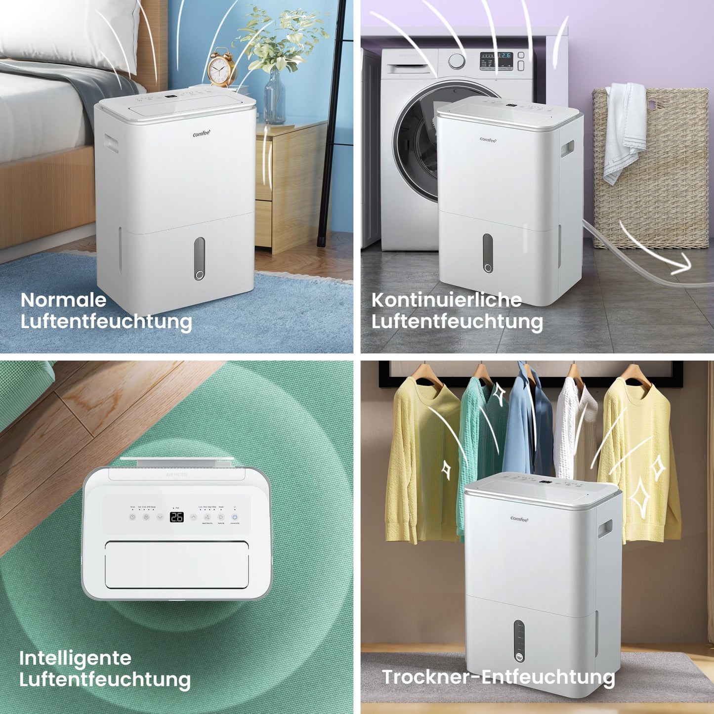 COMFEE' Dehumidifier Easy Dry 20L/day, 4 modes, humidifier connected, 3L tank, tumble dryer, swing function, for rooms of 40㎡/100 m³, white