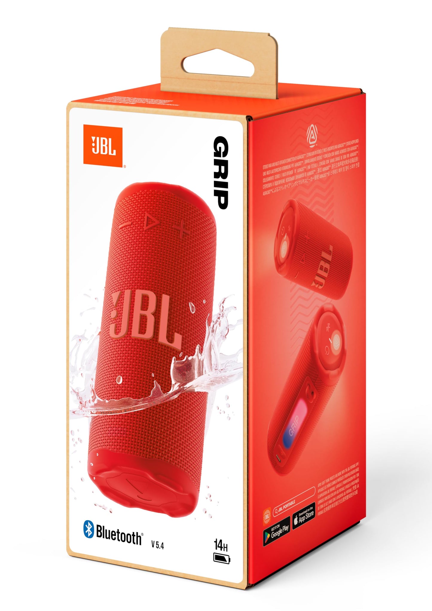 JBL Grip Compact Bluetooth Speaker, JBL Pro Sound with AI Sound Boost, IP68 Waterproof and Dustproof, Ambient Light, Up to 14h Playback, Auracast Multi-Speaker, JBL Portable App, Red - JBLGRIPRED