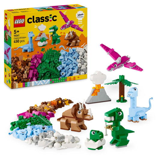 LEGO Classic Creative Dinosaurs, building set with models and animal figures made of bricks, imaginative play experience, gift for boys and girls aged 5 and up, including T.Rex and Triceratops 11041