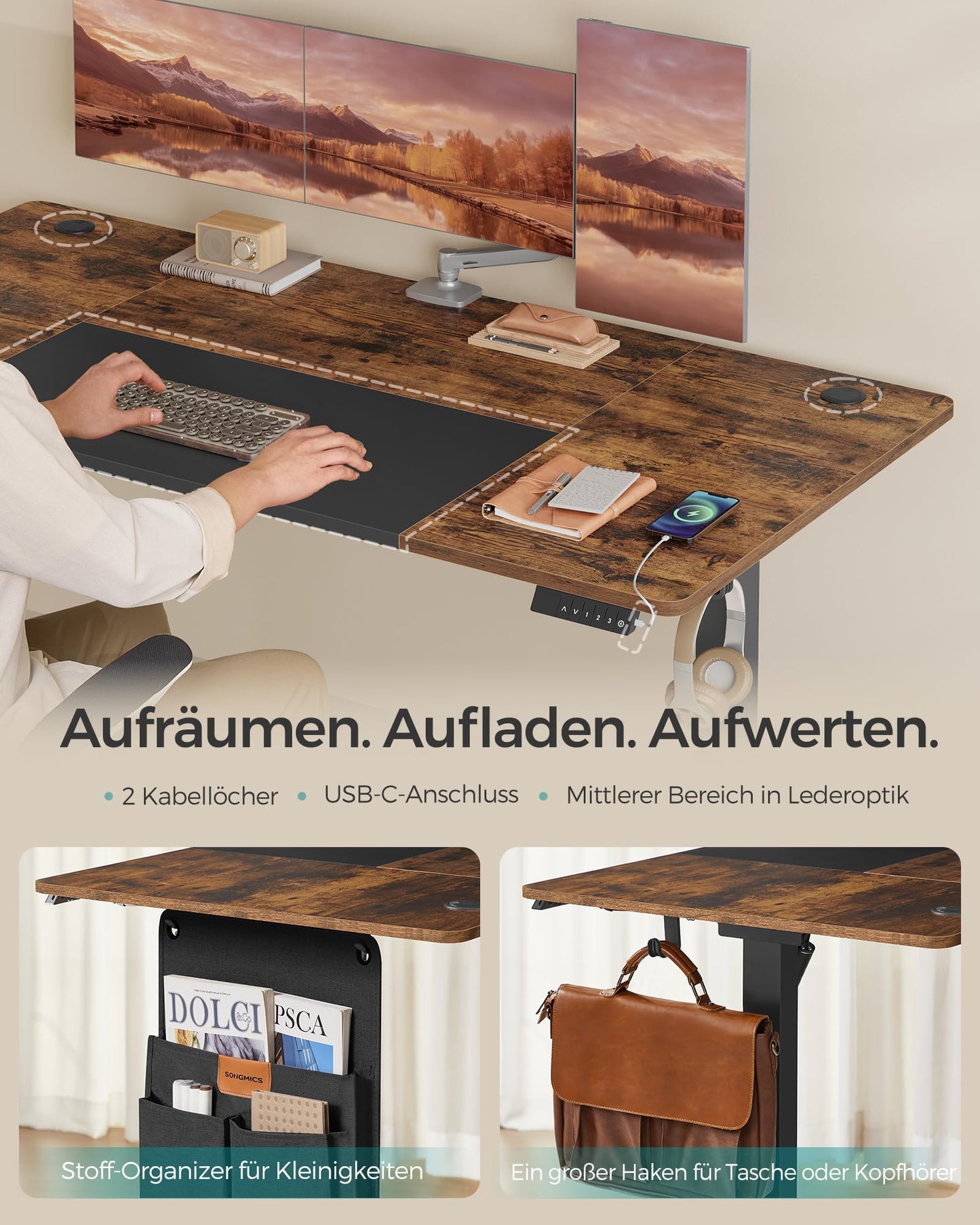 SONGMICS Electric height-adjustable desk, 160 x 70 cm, infinitely adjustable, memory function with 4 heights, vintage brown-matt black LSD026X01