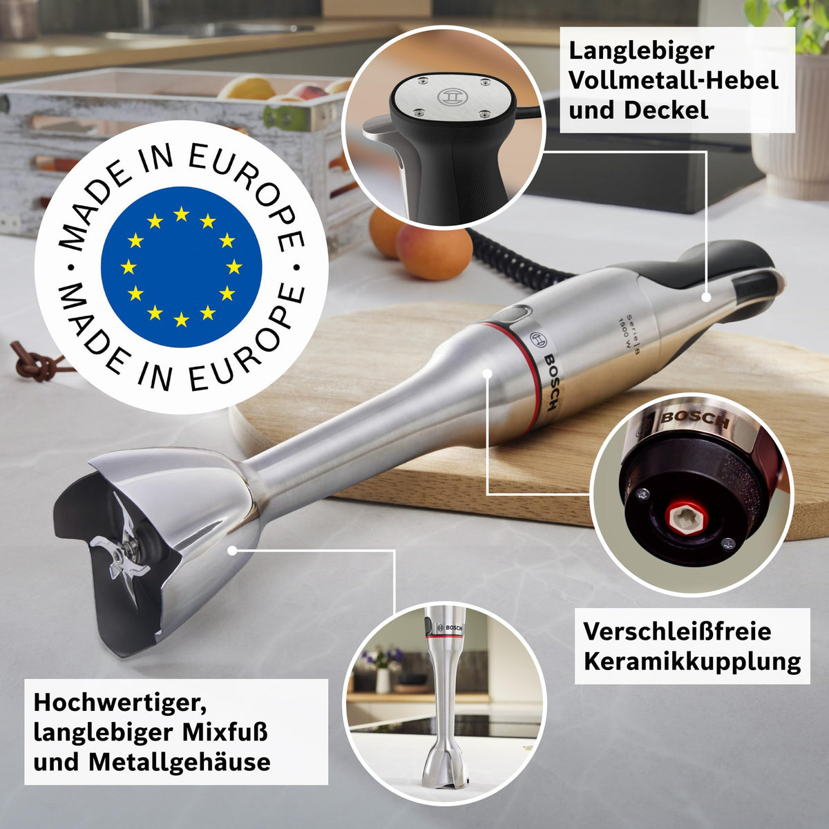 Bosch Hand Blender, Mixing Cup, Universal Chopper, Stainless Steel Blades, Dishwasher Safe, Spiral Cable, 1500 Watts, ErgoMaster Series 8 MSM8M930