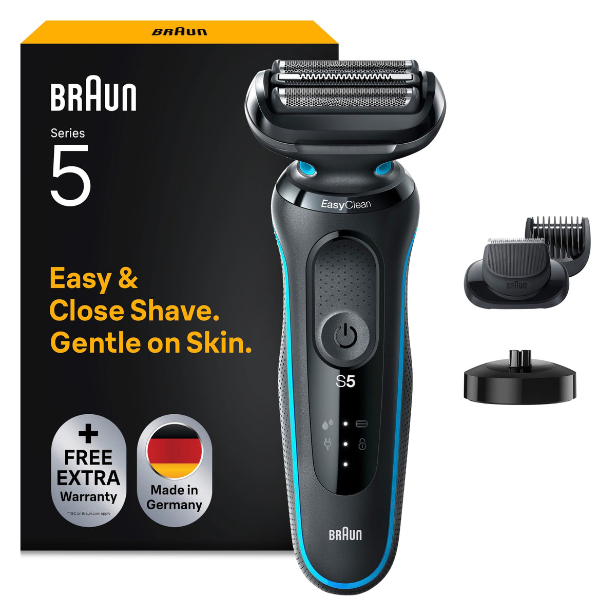 Braun Series 5 Electric Shaver for Men, Electric Razor with EasyClick Beard Trimmer Attachment, Charging Station, EasyClean Shaver, Dry Shaver, Waterproof, Made in Germany, 51-M4500cs, Mint Green