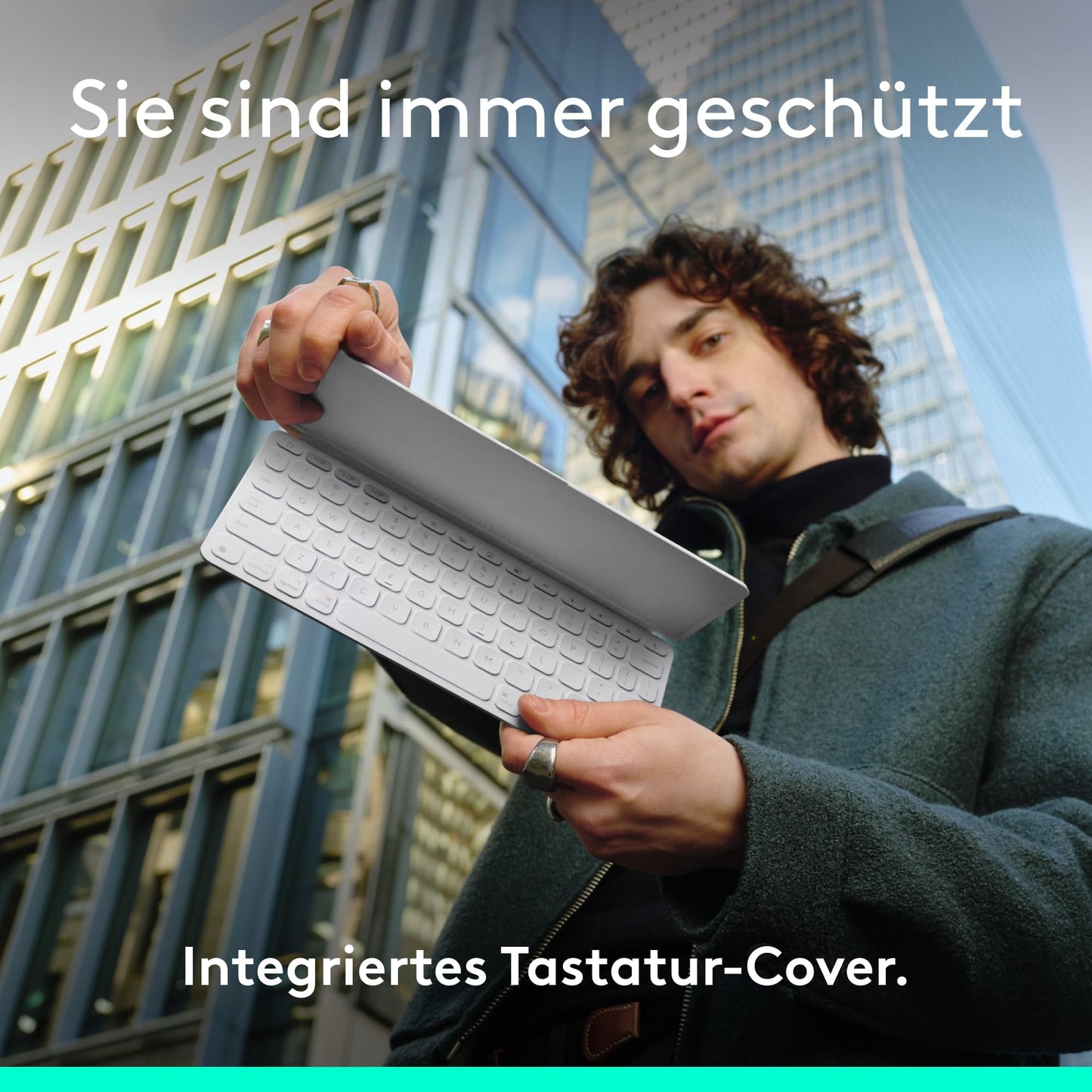Logitech Keys-To-Go 2, mobile wireless keyboard for iPad with integrated protective cover, slim and compact, for iPad, iPhone, Mac and Apple TV, easy device switching, DEU QWERTZ layout - light gray - 920-013005