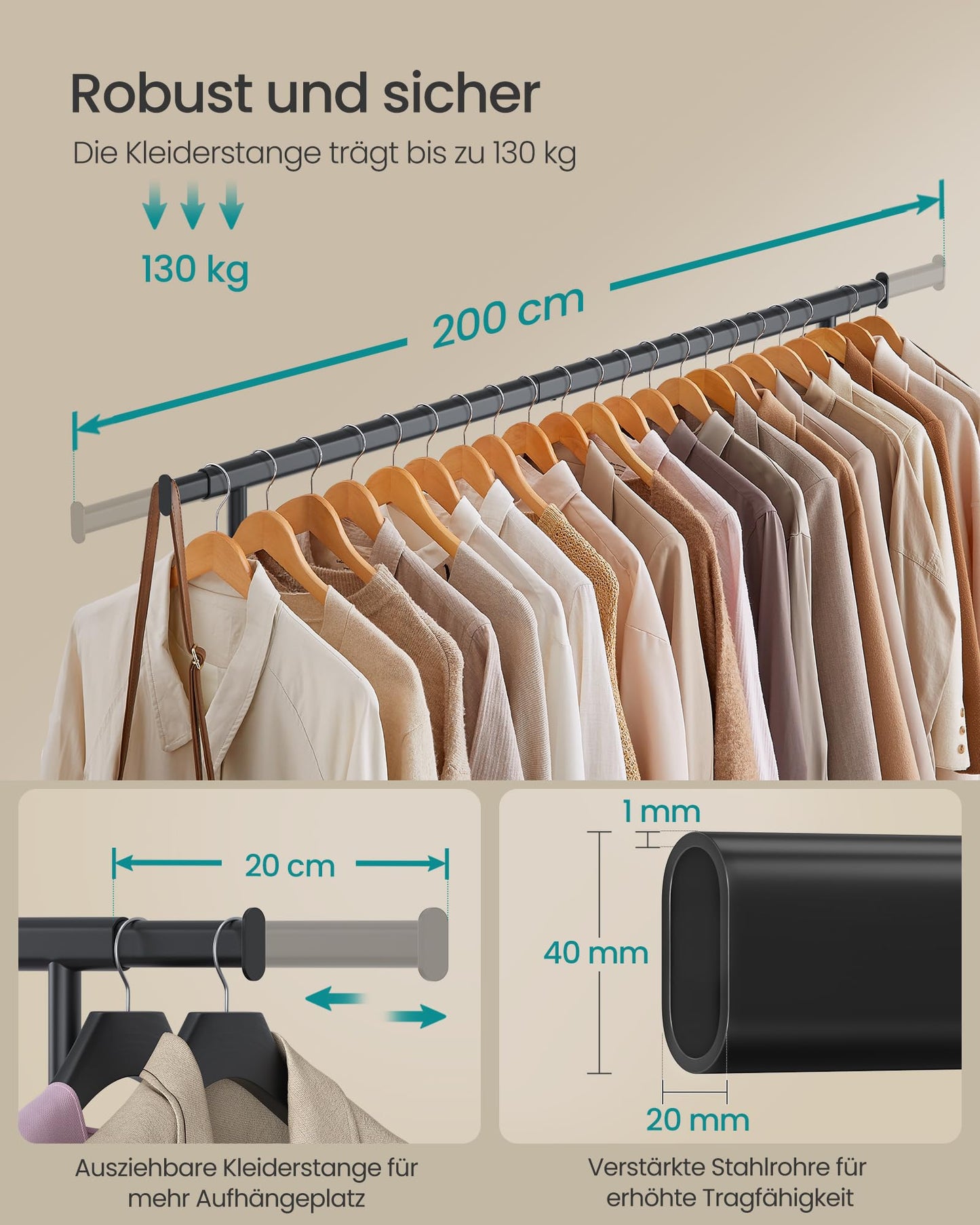 SONGMICS clothes rack on wheels, heavy-duty coat rack, extendable clothes rail, loads up to 150 kg, easy assembly, transportable, black HSR175B01 - UHSR175B01