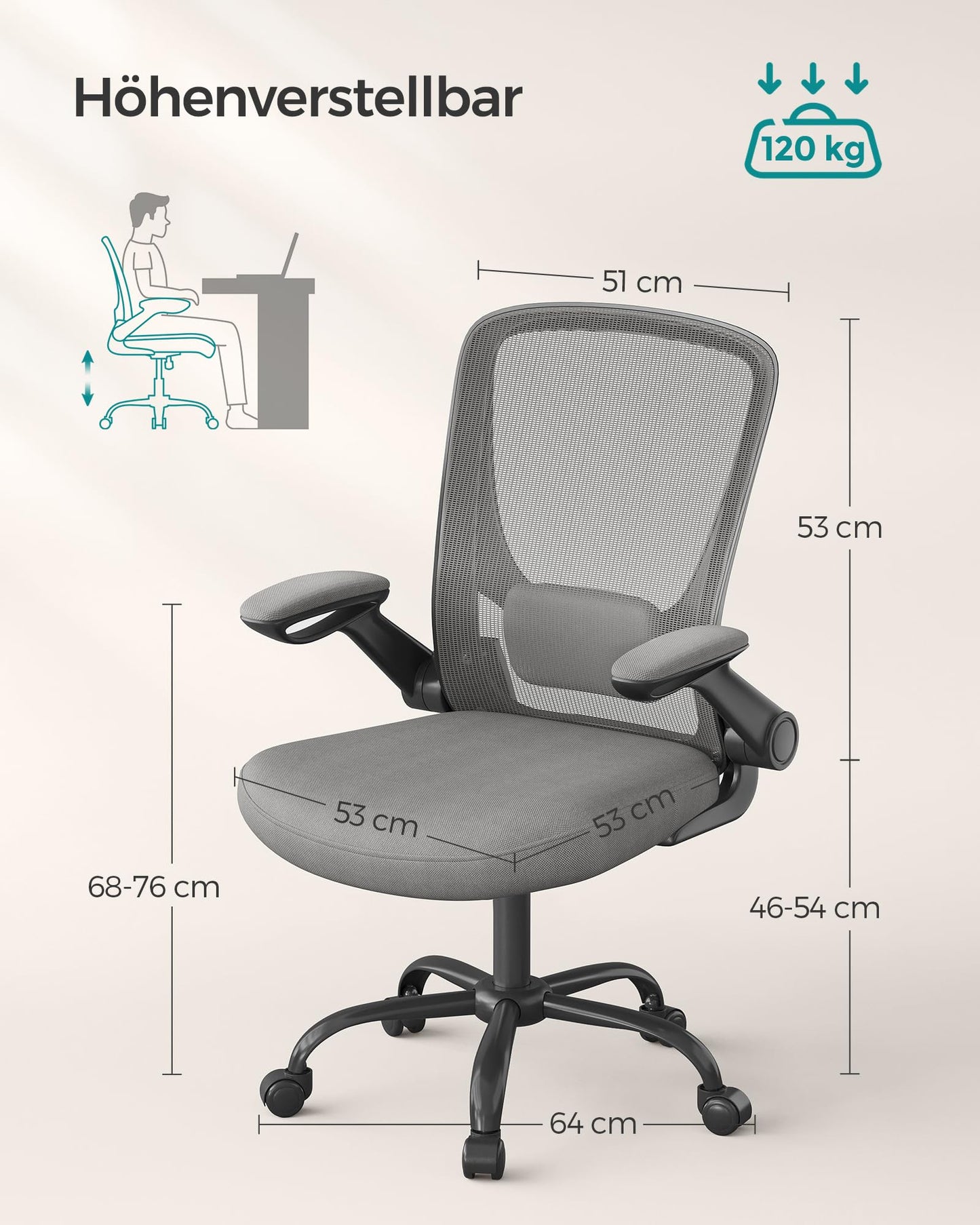 SONGMICS ergonomic office chair, swivel chair with mesh, lumbar support, rocker function, 53 cm seat, folding armrests, study and bedroom, students, dove gray OBN037G01