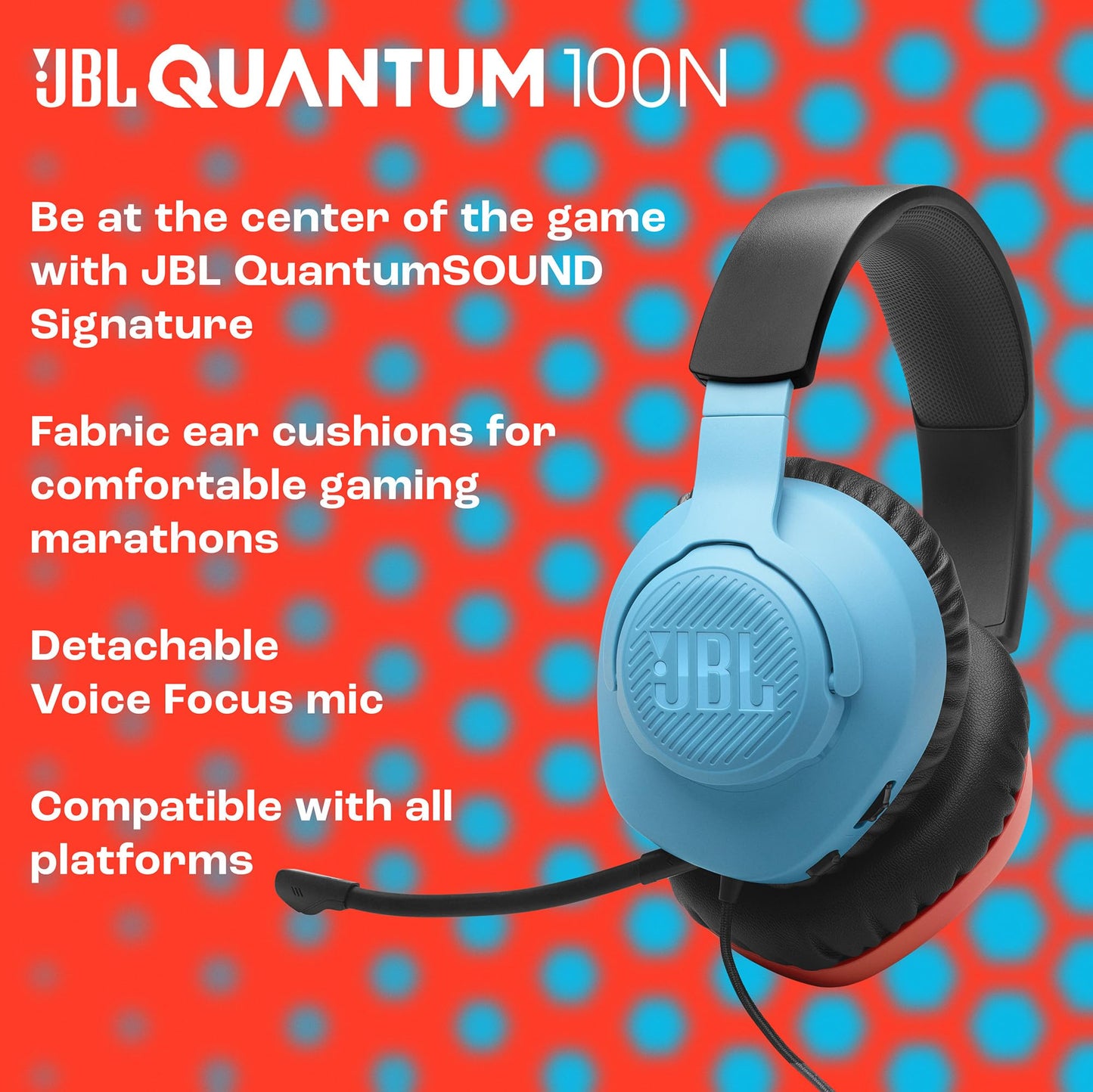 JBL Quantum 100N, wired over-ear gaming headset with detachable microphone, JBL QuantumSOUND Signature, memory foam, multi-platform compatibility and Windows Sonic Spatial Sound, Blue/Red - JBLQTUM100N