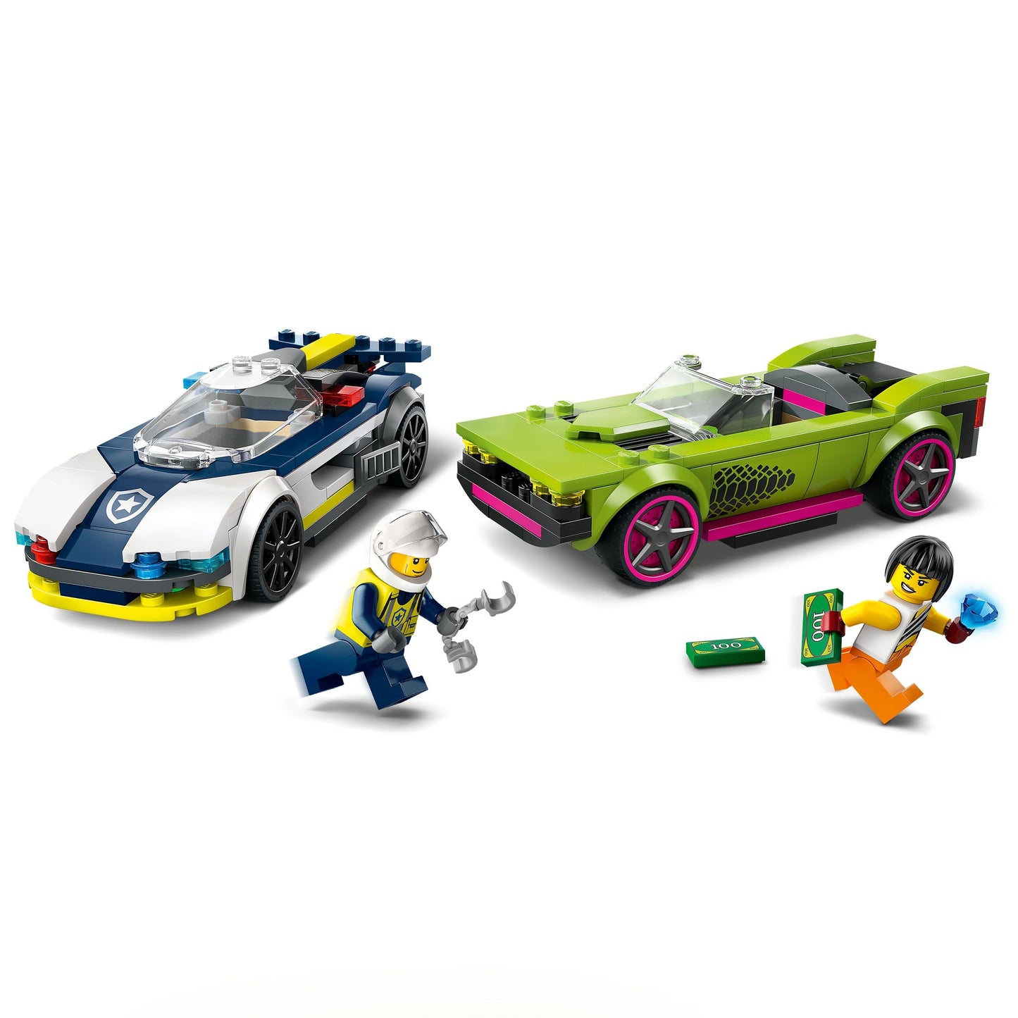 LEGO City chase with police car and muscle car, car toy train with 2 racing cars, police gift for children, boys and girls aged 6 and over, set with policeman and crook minifigures 60415