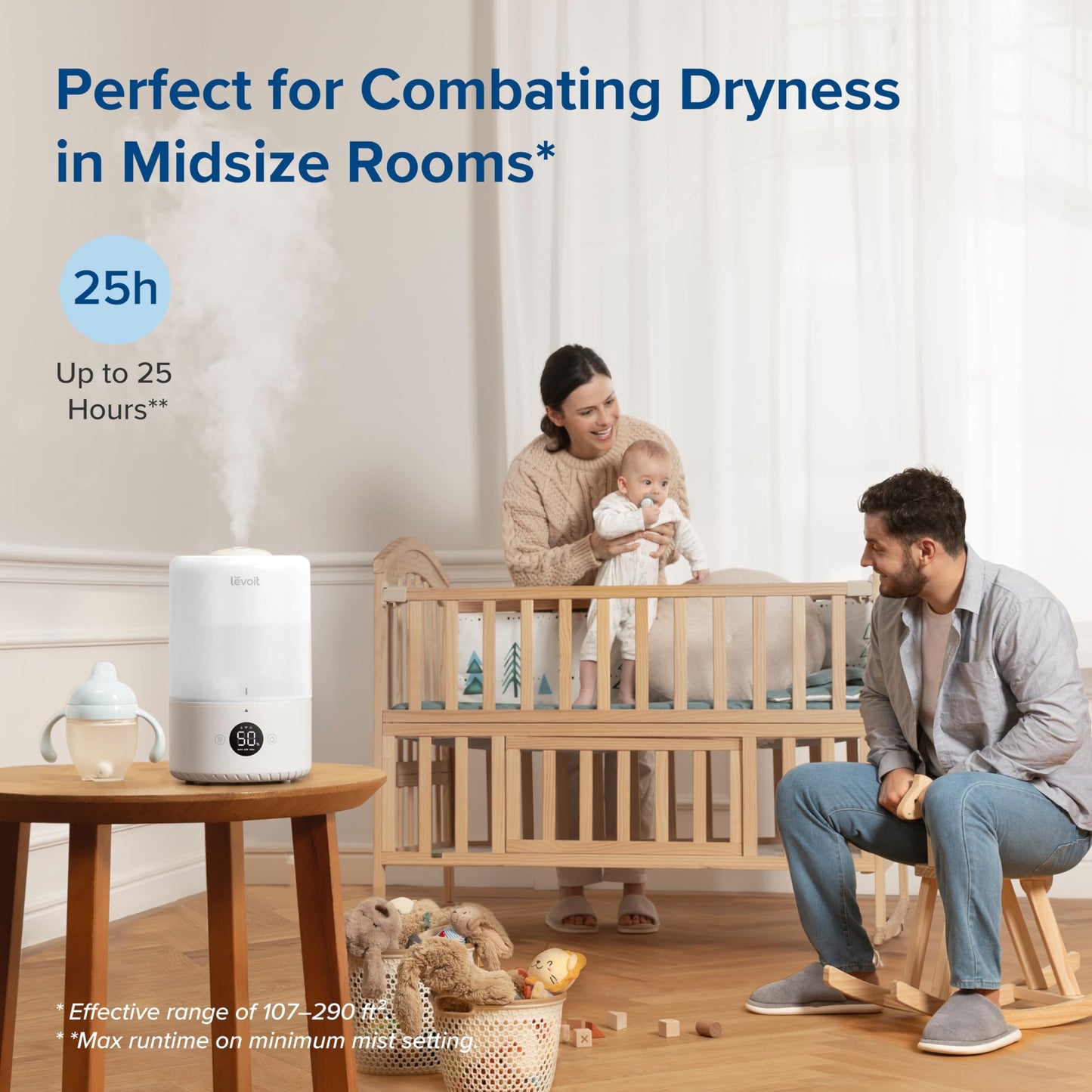 LEVOIT 3L 19dB lesie Top Fill Humidifier, 360° Rotating Nozzle Cool Mist Humidifier, 25H, Room Humidifier & Aroma Diffuser for Children's Room Bedroom Plants, Automatic Shut-Off, White - LUH-D301S-WUS