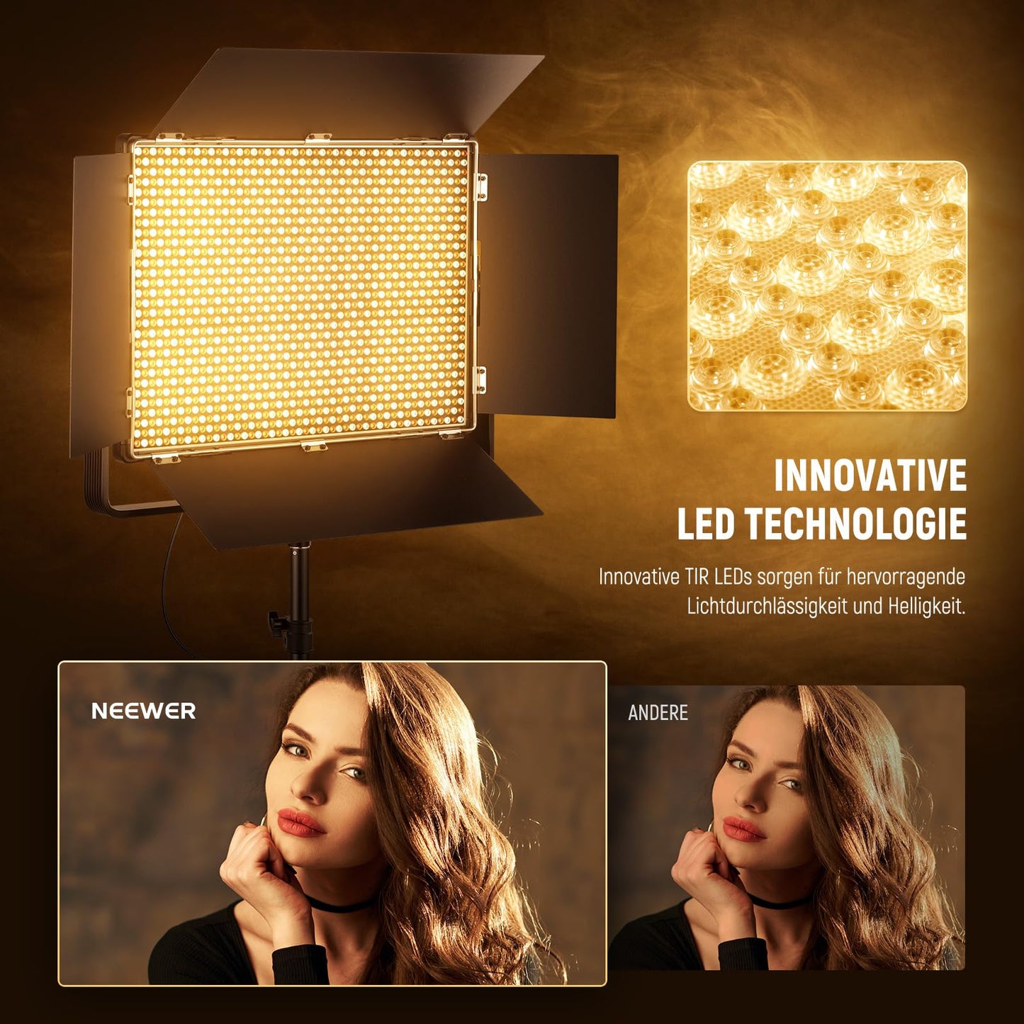 NEEWER 150W two-color LED panel video light set 1440 LEDs 49500 Lux at 0.5m 2500K - 8500K CRI96+/TLCI97+ 0 - 100% dimming function APP/2.4G/Panel/DMX control for professional studio photography AP150B - 10105660