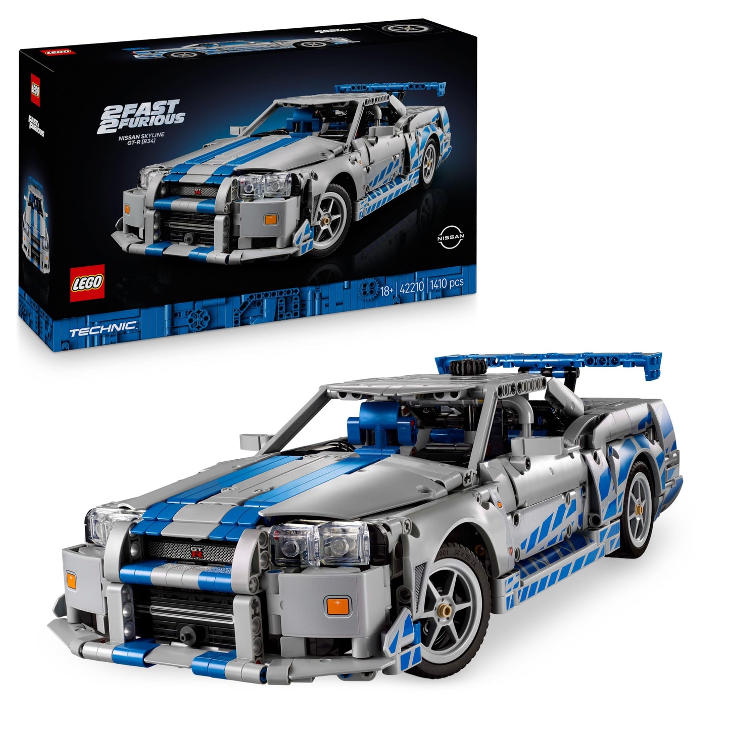 LEGO Technic 2 Fast 2 Furious Nissan Skyline GT-R (R34) speedster - car model for adults - with drift function, steering, suspension and 6-cylinder engine - collector's gift for fans - 42210