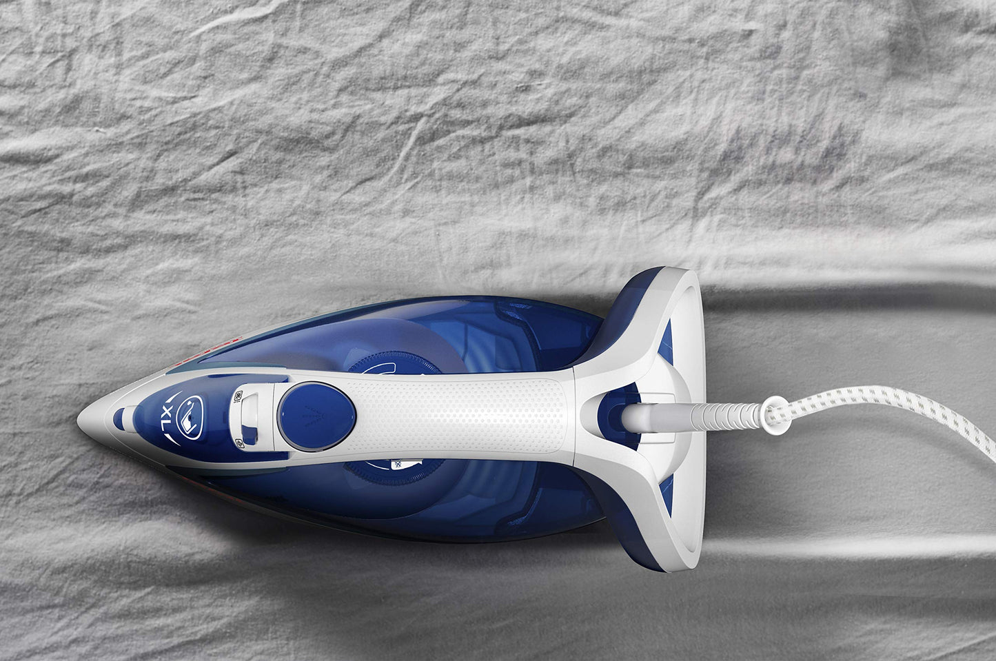 Tefal Easygliss steam iron, 2500 watts, steam boost 220 g/min., tank capacity 270 ml, Durilium Airglide soleplate, quick heat-up time, XL water tank refill opening, blue/white, FV5736