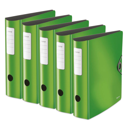 Leitz quality folder 180° Active Solid, pack of 5, A4, wide, rounded spine, 8.2 cm wide, elastic band closure, light polyfoam, plastic folder, light green, 10471050 - 10471050-5