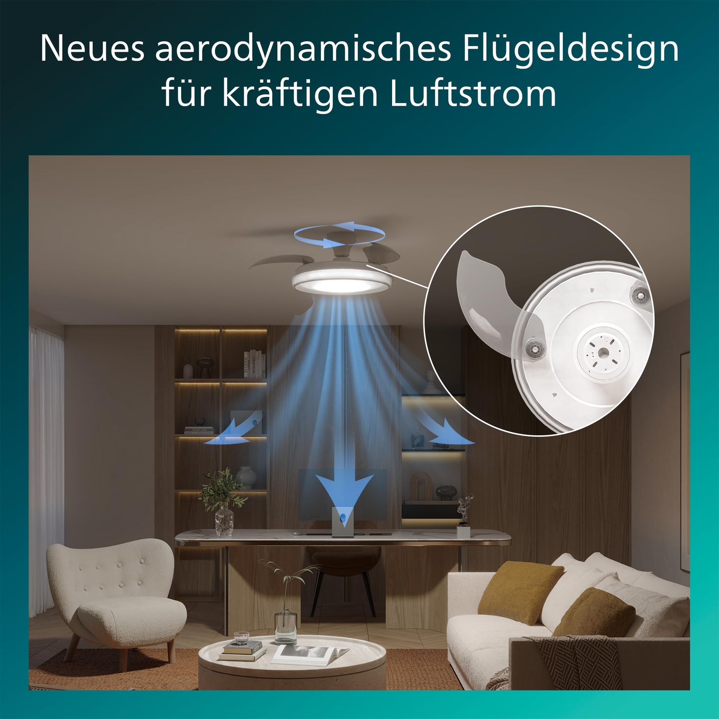 Philips Bliss ceiling fan with LED light and retractable blades, 3 blades, 106 cm wingspan, 4,500 lumens, adjustable. Light (3,000 K to 6,500 K), dimmable up to 5%, including remote control, white - 929004749601