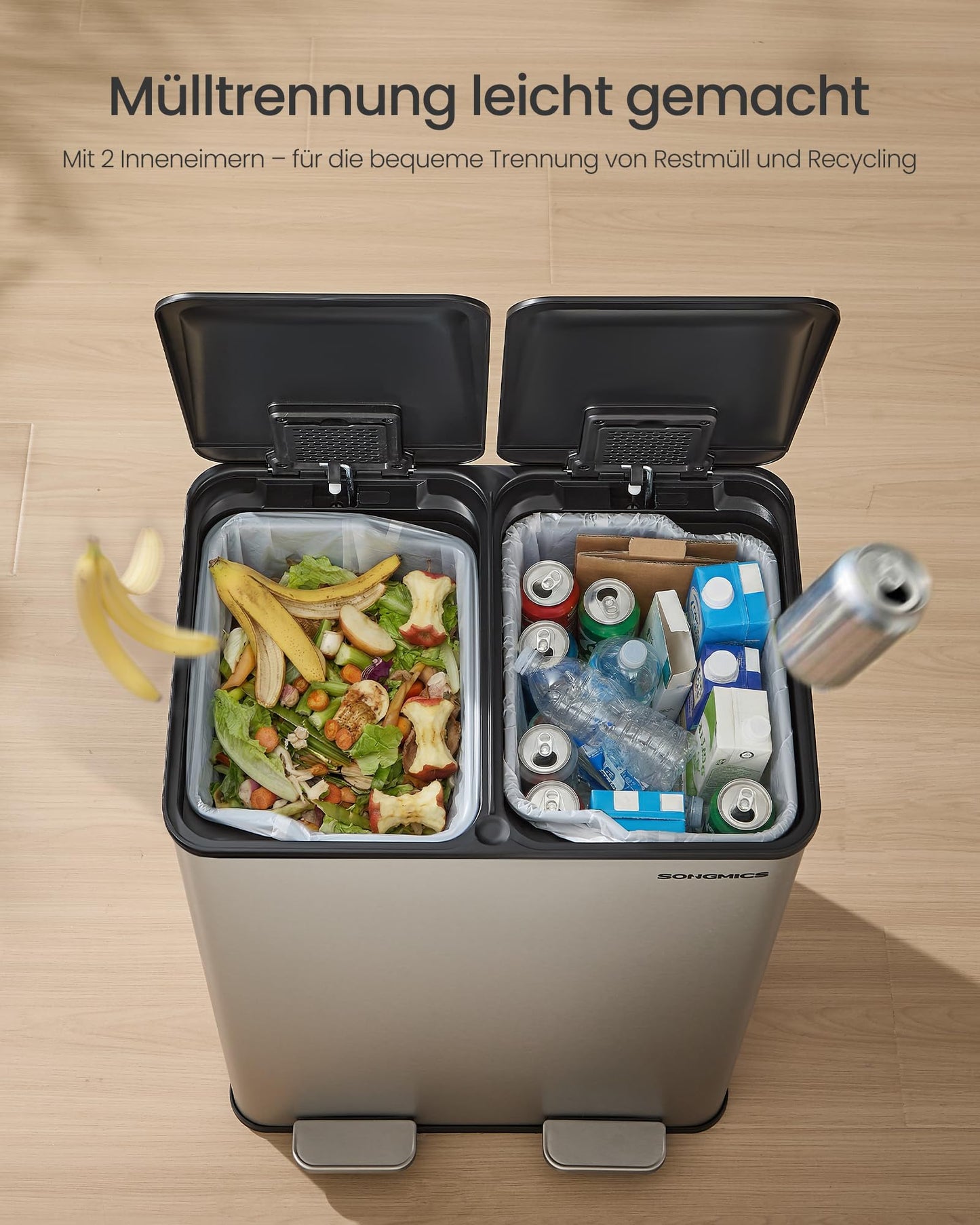 SONGMICS kitchen trash can, 2 x 30 liters, 2 compartments, trash can, pedal trash can, kitchen trash can with soft close lid and inner bucket, stainless steel, including 15 trash bags, silver LTB741EZ01