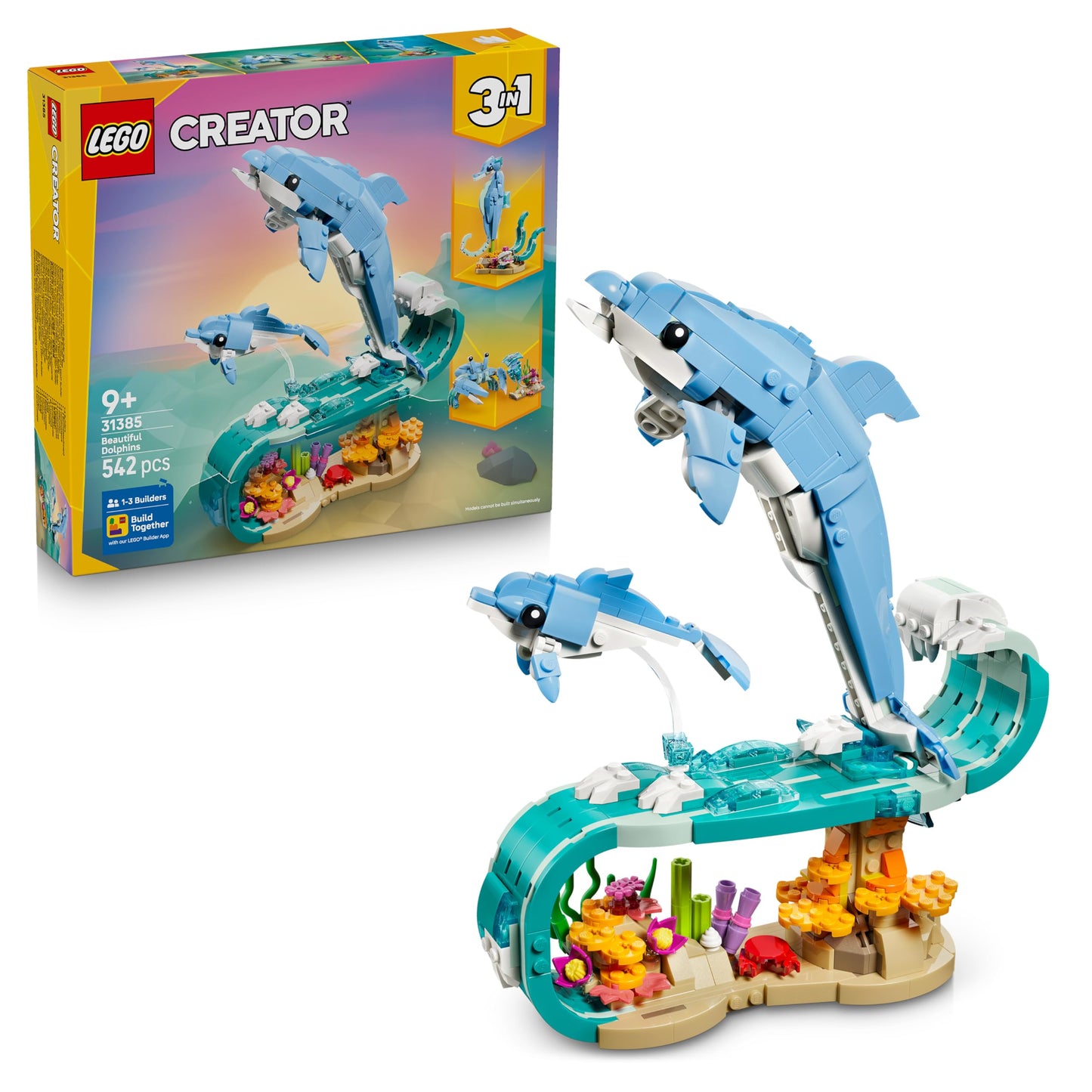 LEGO Creator 3-in-1 Sea Creatures Set: Beautiful Dolphins - Animal Figures - Set with 3 Options: Dolphins, Seahorses & Crab - Toys for Ages 9+ - Gift for Girls & Boys - 31385