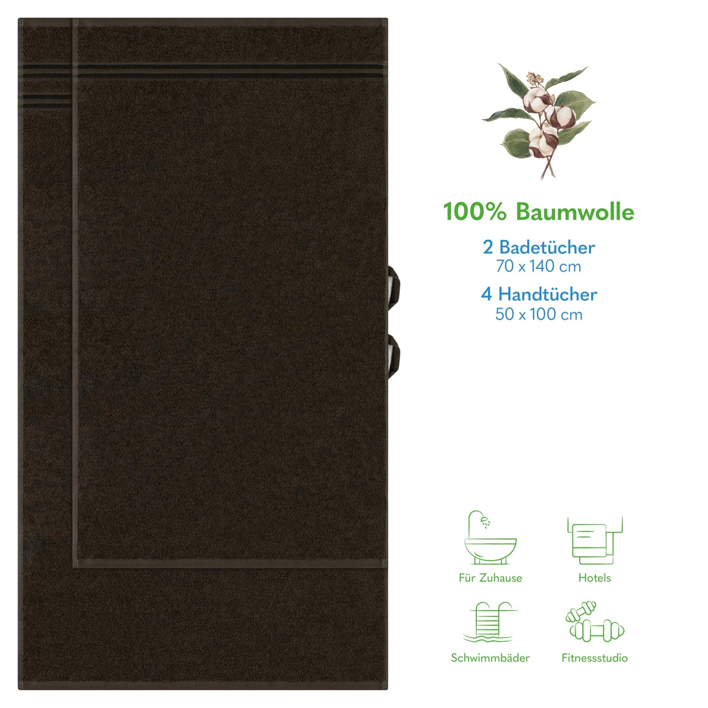 Hammetex set of 6 towels - 2 bath towels 70x140 cm & 4 hand towels 50x100 cm - 100% cotton terry - Oeko-TEX certified - soft, absorbent - with hangers, brown - RN68
