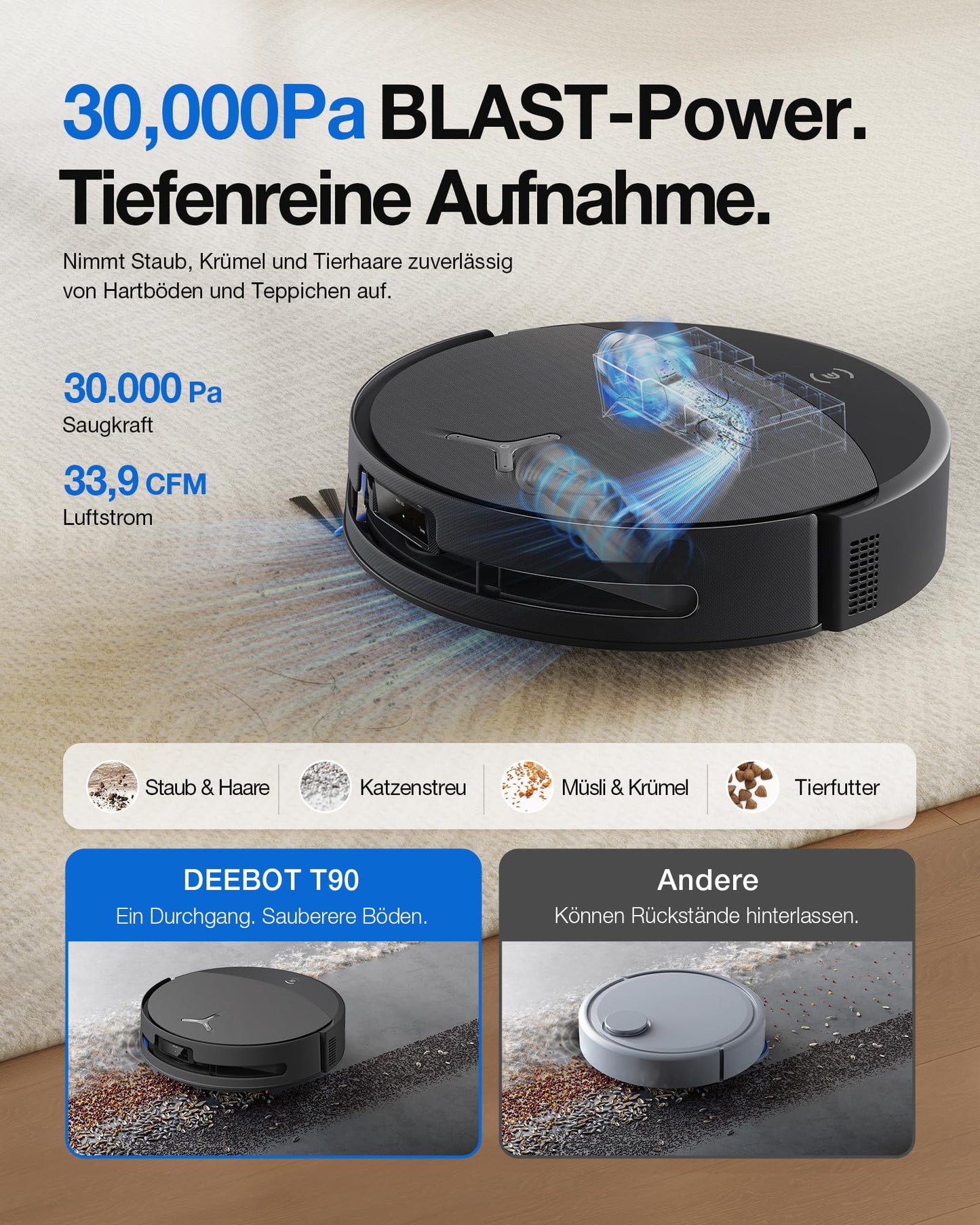 ECOVACS DEEBOT T90 PRO Omni robot vacuum cleaner with mopping function, robot vacuum cleaner 30,000 Pa, quick charging with PowerBoost, OZMO Roller 3.0 with TruEdge, automatic dosing of the cleaning solution, black