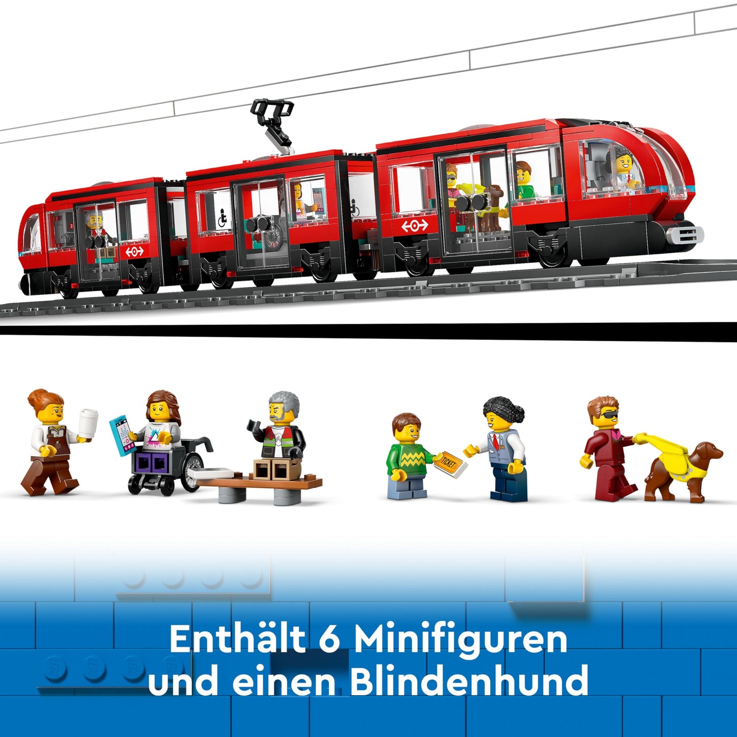 LEGO City tram with stop, gift idea for fans of vehicle toys aged 7 and over, with 6 minifigures and a guide dog for role play, building toy 60423