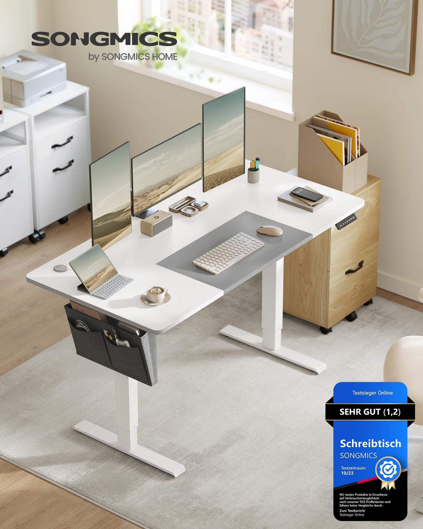 SONGMICS Electric height-adjustable desk, 140 x 60 cm, continuously adjustable, memory function with 4 heights, cloud white-dove gray LSD016W02