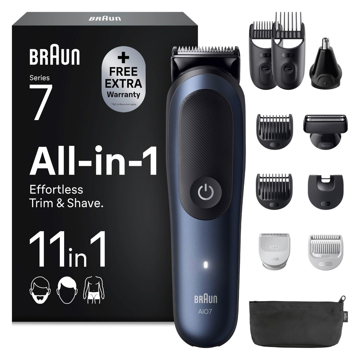 Set de îngrijire Braun Multigroom All-in-One Series 7, trimmer 11 în 1, AIO7540, albastru