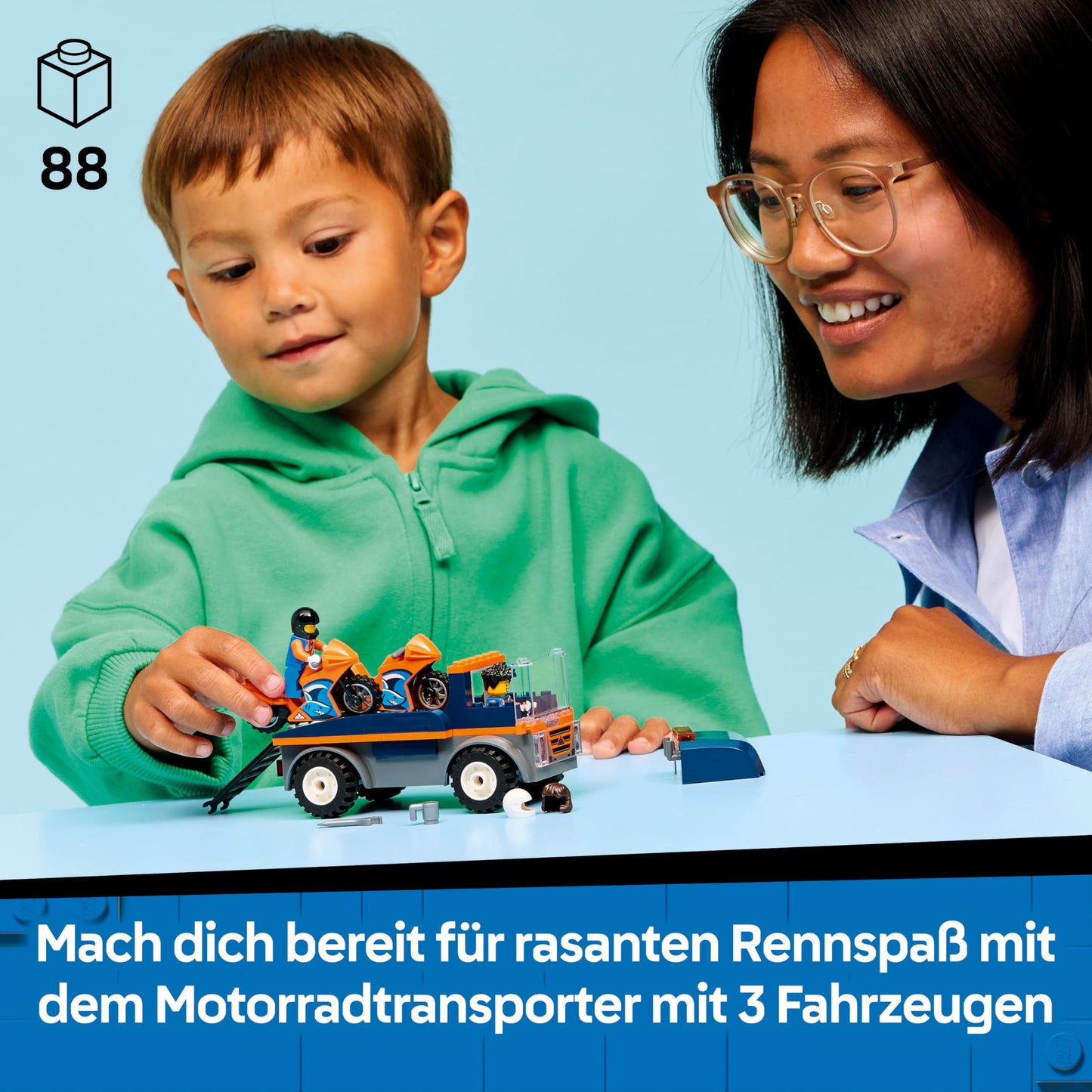 LEGO City Motorcycle Transporter - Toy to promote fine motor skills with transporter, 2 motorcycles, 2 minifigures, ramp and accessories - birthday gift for boys aged 4 and up - 60491