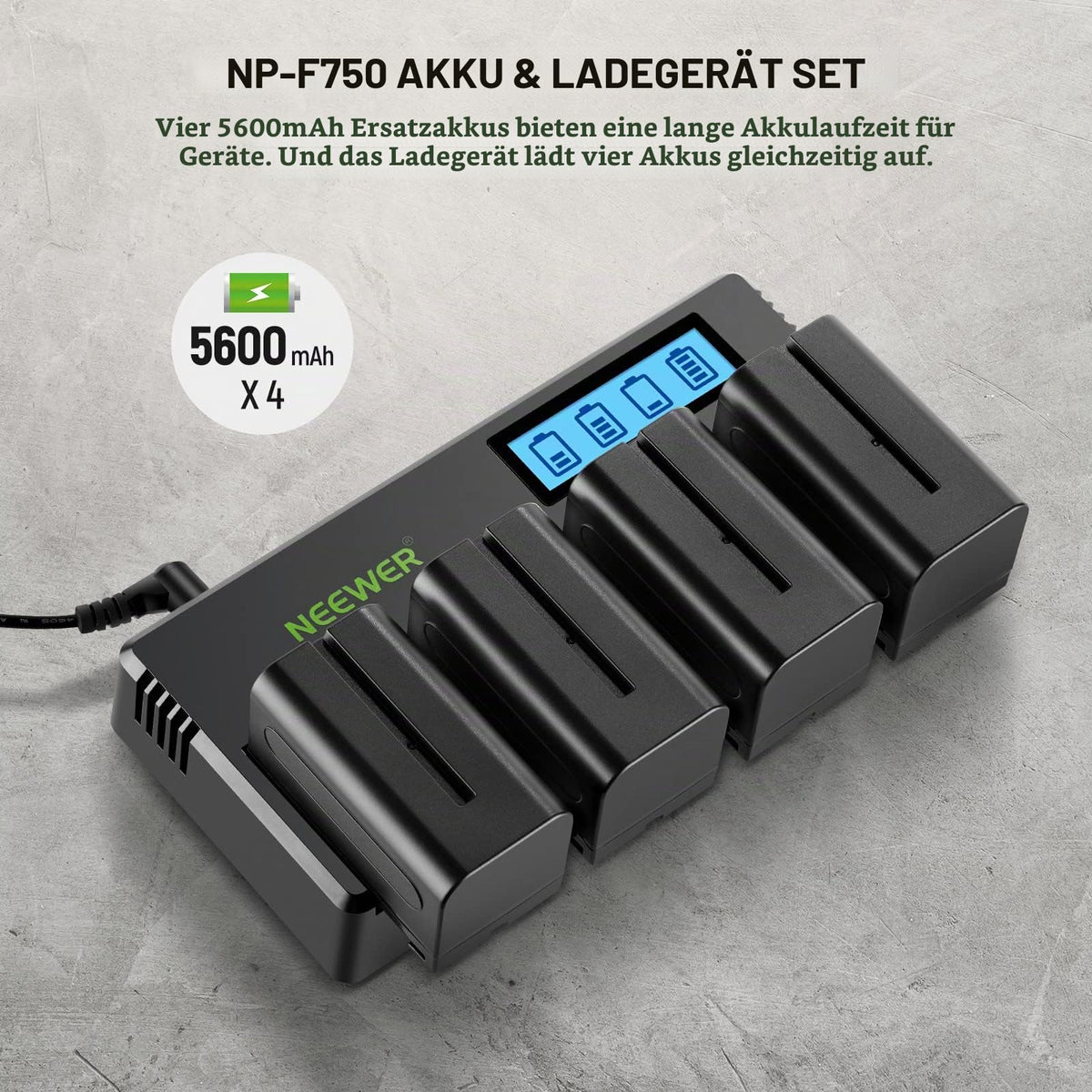 NEEWER 4-Pack NP F750 Replacement Batteries 7.4V 5600mAh with 4-Channel Charger and Power Supply, compatible with NP-F550/750/770/970 FM500H QM71D QM91D, Field Monitor, Video Light - 10101327