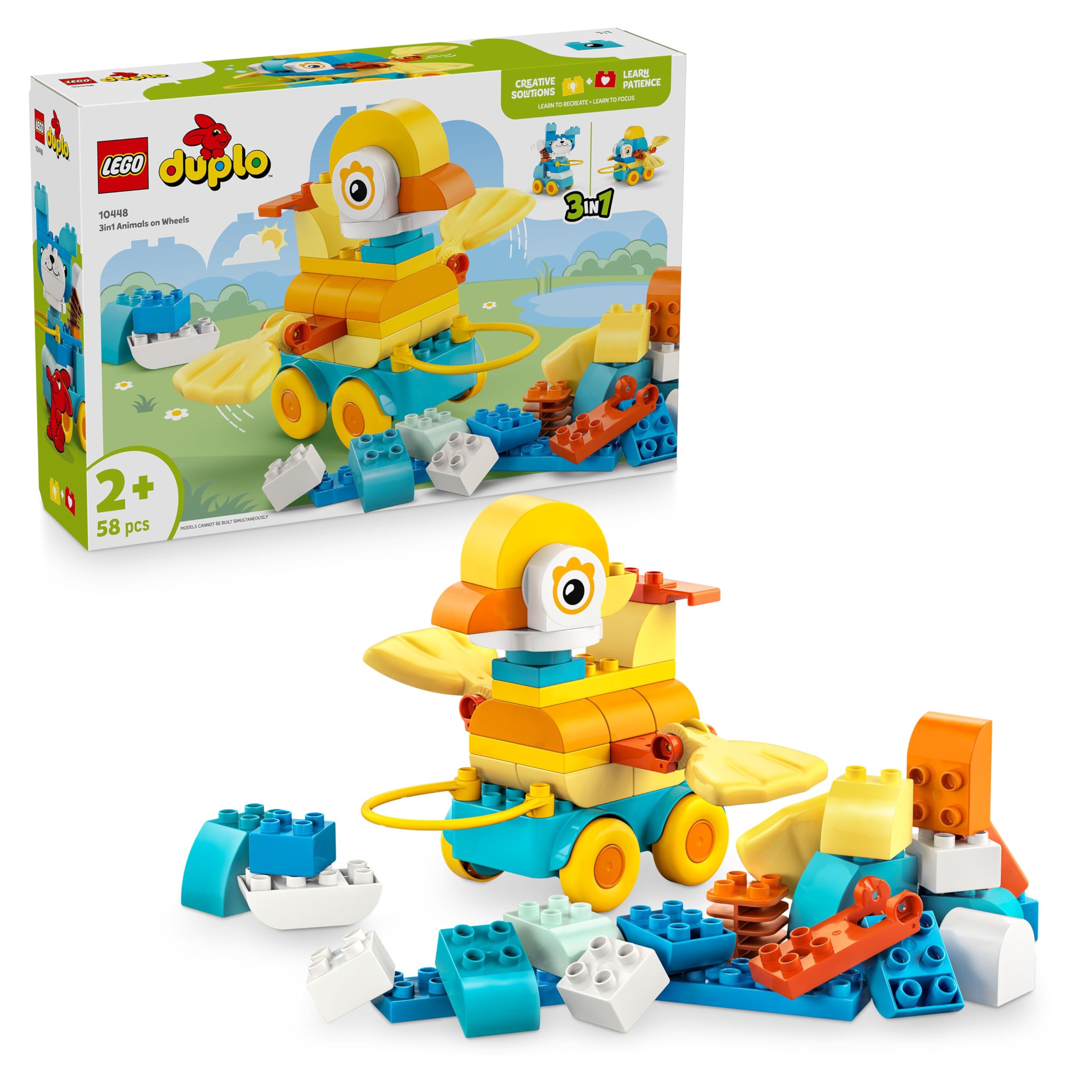 LEGO DUPLO Town Animals on Wheels 3-in-1 Set - Montessori Toy for Building Duck, Fish or Dog with Wheels and Pull Handle - Gift for Girls and Boys from 2 Years - 10448