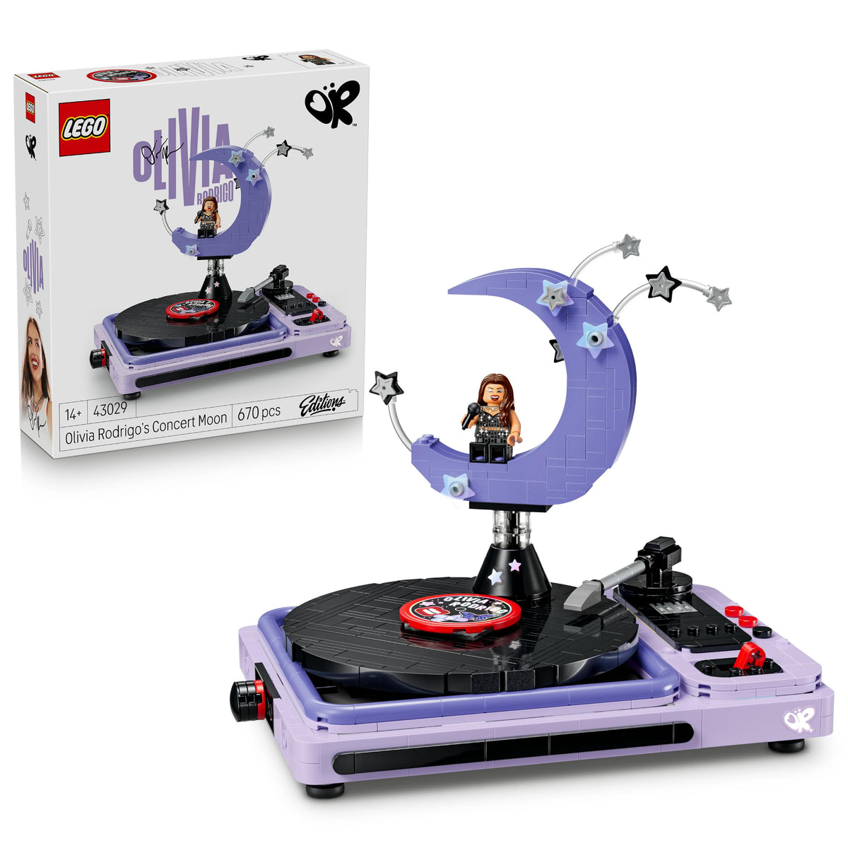 LEGO Editions Olivia Rodrigo - Luna de concert, jucărie cu pick-up, disc și minifigurină - decor muzical pentru noptieră - cadou pentru adolescente de 14 ani și fani - 43029
