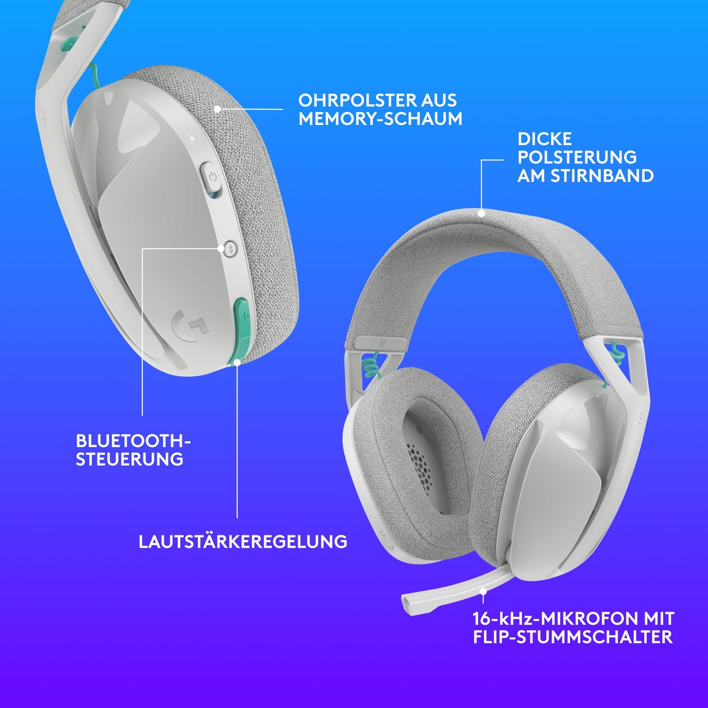 Logitech G G321 Lightspeed Wireless Bluetooth Gaming Headset, Dynamic Comfort and Fit, 16kHz Oscillating Microphone, 20+ Hour Battery Life, PC, PS4, PS5, Nintendo Switch, Mobile Device - White - 981-001569