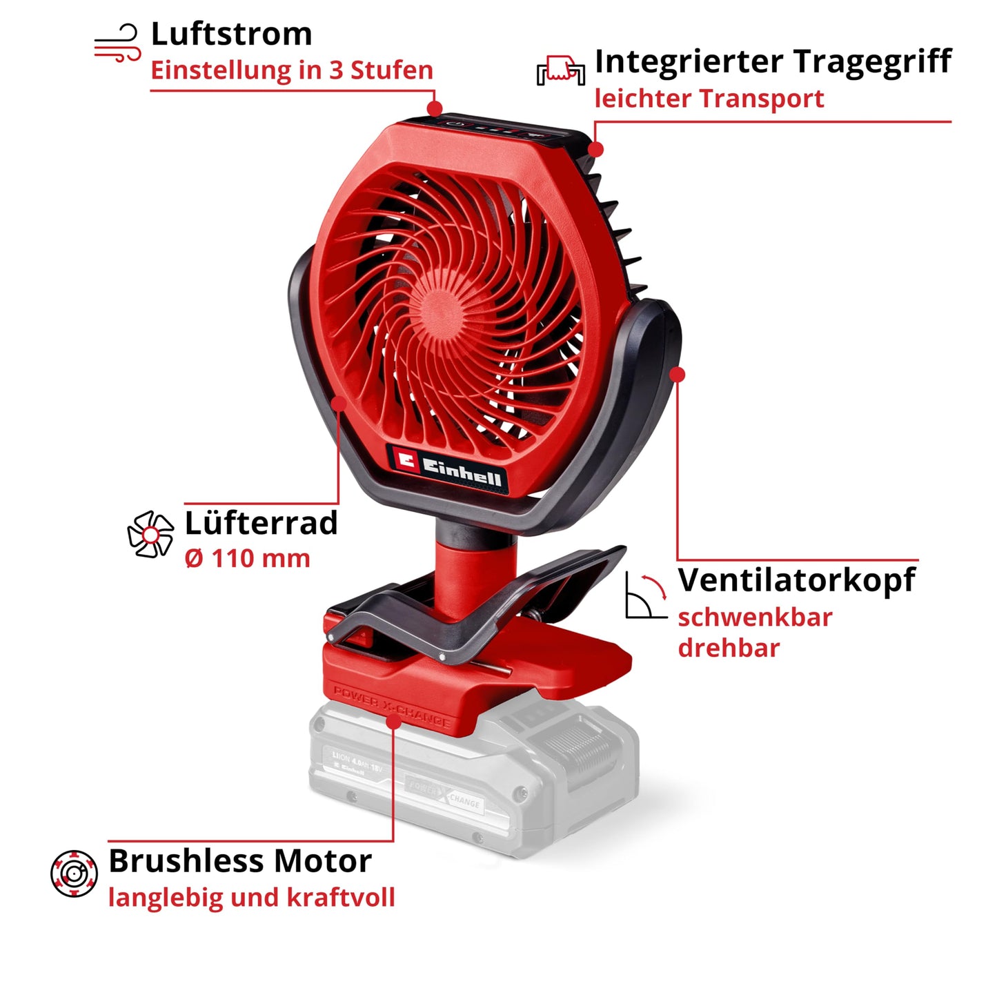Einhell cordless fan GC-CF 18/110 Li-Solo Power X-Change (18 V, brushless, 3 speed levels, infinitely adjustable, many mounting options, without battery) - 3408061