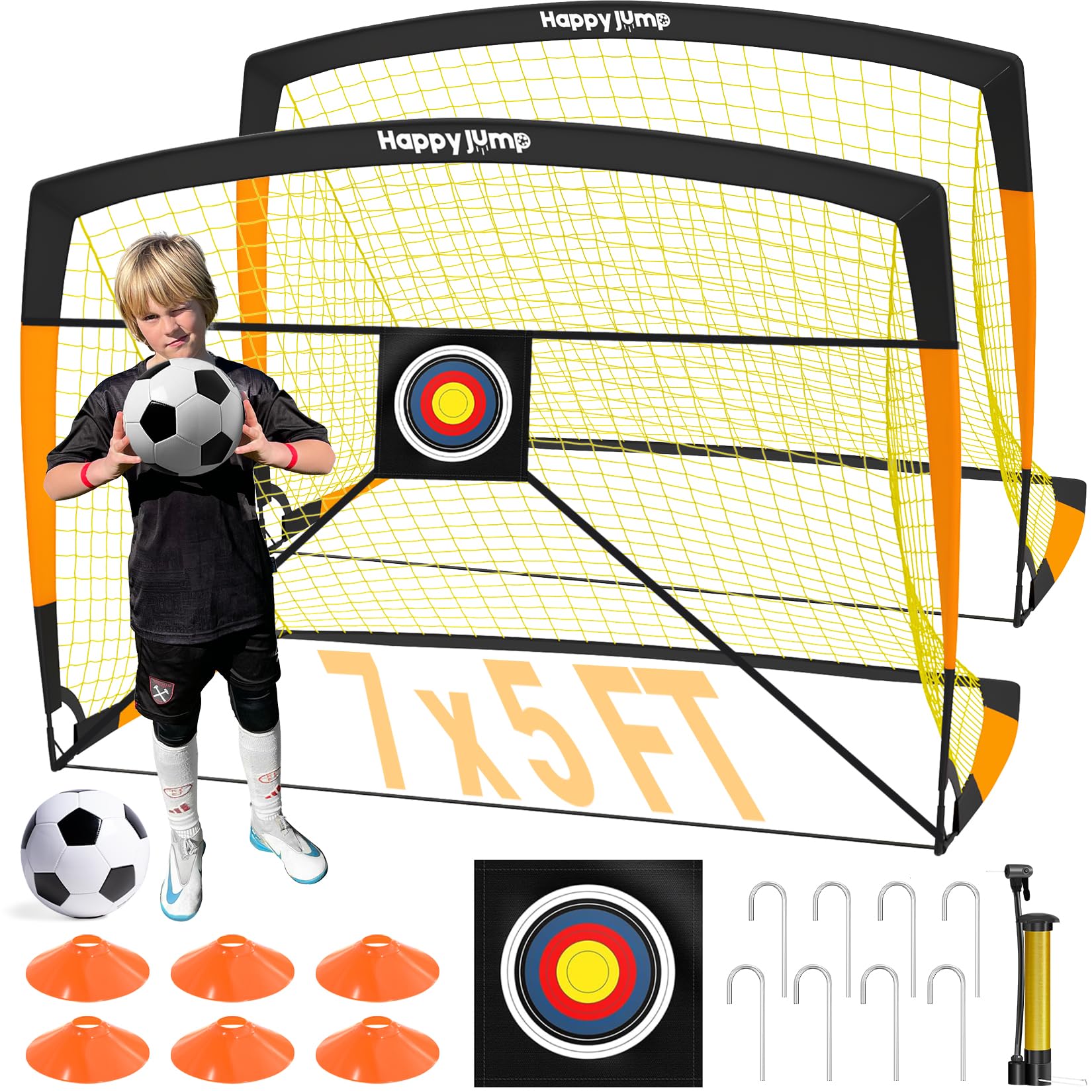 Happy Jump Pop-Up Football Goals - 213x152 cm, 2 goals, black orange with ball, pump, cone & target | Complete training set for garden & family - Z2500600BQ1