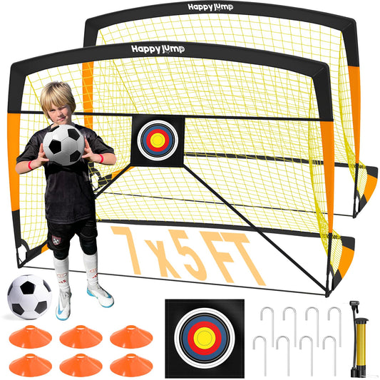Happy Jump Pop-Up Football Goals - 213x152 cm, 2 goals, black orange with ball, pump, cone & target | Complete training set for garden & family - Z2500600BQ1