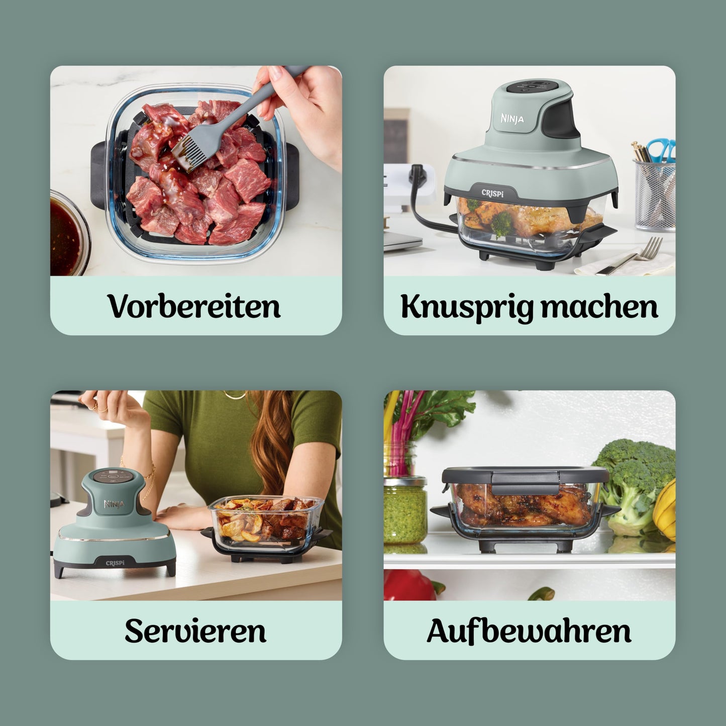 Ninja CRISPi Portable Air Fryer, 3.8L, 4-in-1: Air Frying, Roasting, Keeping Warm, Recrisp, Compact, 6 Servings, 2 Removable Glass Containers & Lids, 1700W, Sage FN101EUSG