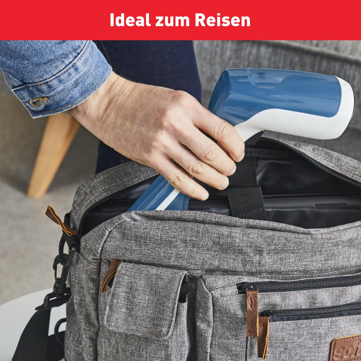 Tefal Access Steam First Garment Steamer, lightweight design, 15 seconds heating time, 1300 W, continuous steam output of 20 g/min, germ-killing, 70ml water tank, dimensions 18.4 x 10.6 x 30cm, steamer, white/blue, model DT6130.