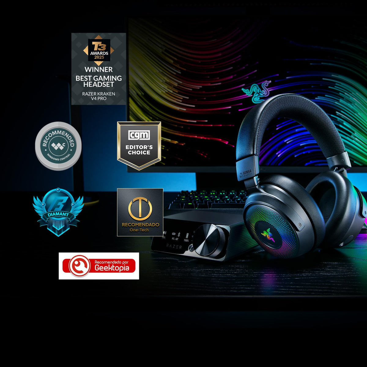 Razer Kraken V4 Pro - Cască de gaming wireless cu Control Hub Sensa HD-Haptik (Control Hub OLED, drivere Triforce de 40mm, HyperSpeed & Bluetooth, THX Spatial Audio, RGB) Negru - RZ04-05160100-R3M1