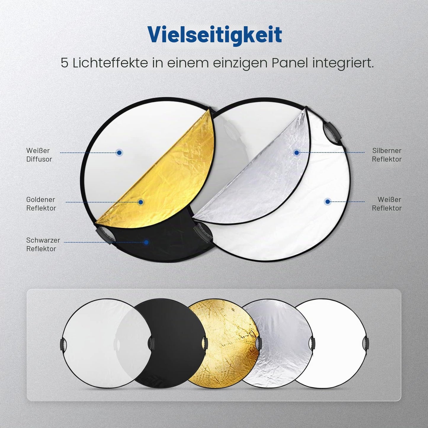 NEEWER 32"/80cm light reflector with handle with 3/8" thread, 5 in 1 folding disc light diffuser translucent/silver/gold/white/black for photo lighting, outdoor lighting, RF-80II