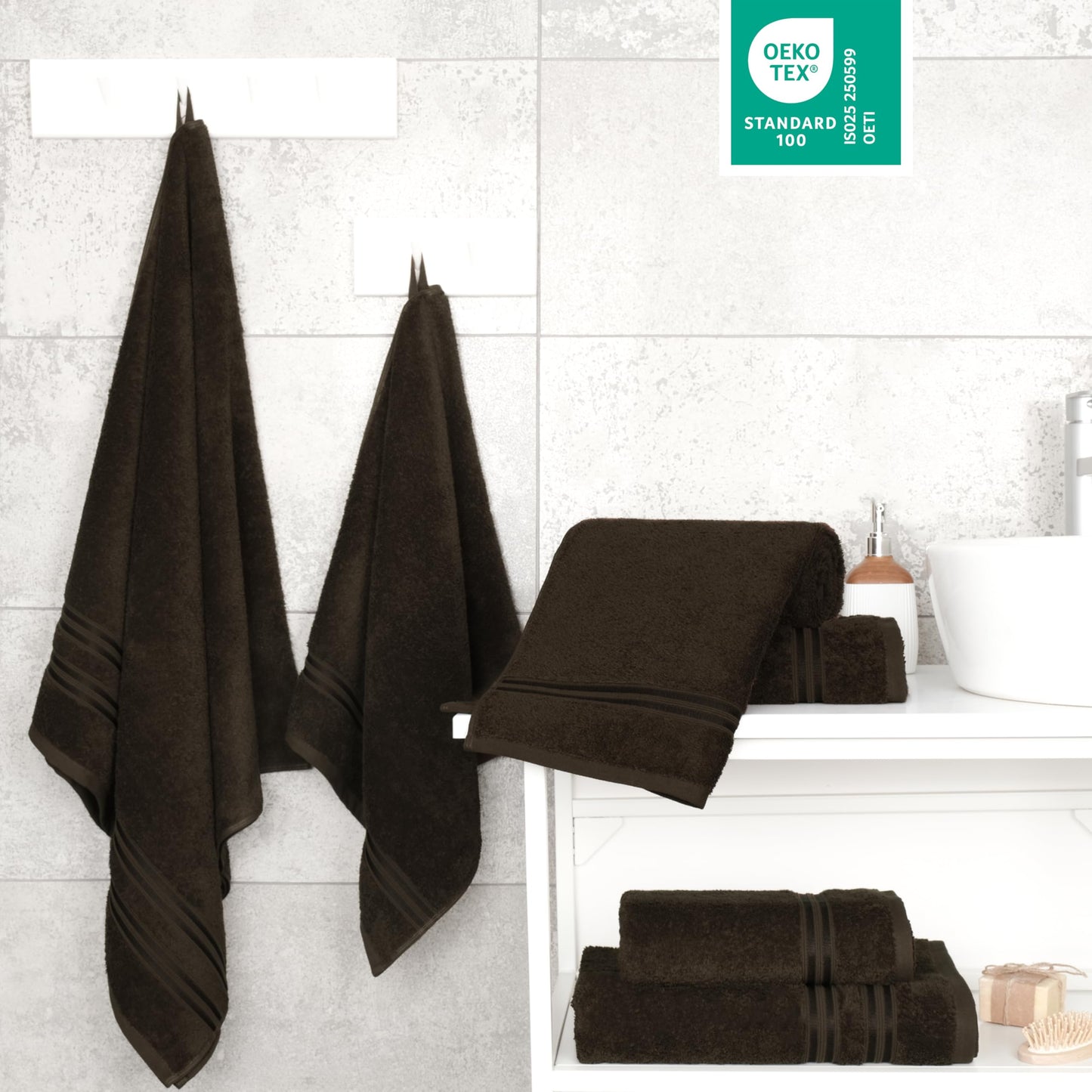 Hammetex set of 6 towels - 2 bath towels 70x140 cm & 4 hand towels 50x100 cm - 100% cotton terry - Oeko-TEX certified - soft, absorbent - with hangers, brown - RN68