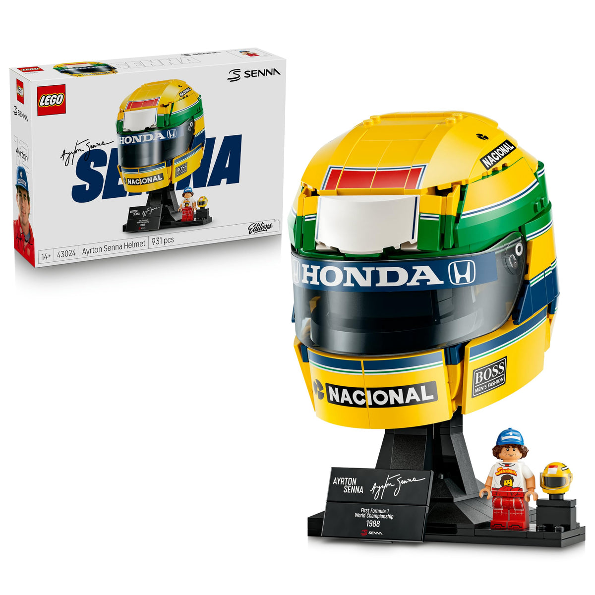 LEGO Editions Ayrton Senna Helm - Articol pentru fani Formula 1 - Model de căști de curse pentru expunere cu figurina colectabilă - Cadou pentru băieți de la 14 ani și fani ai motorsportului - 43024