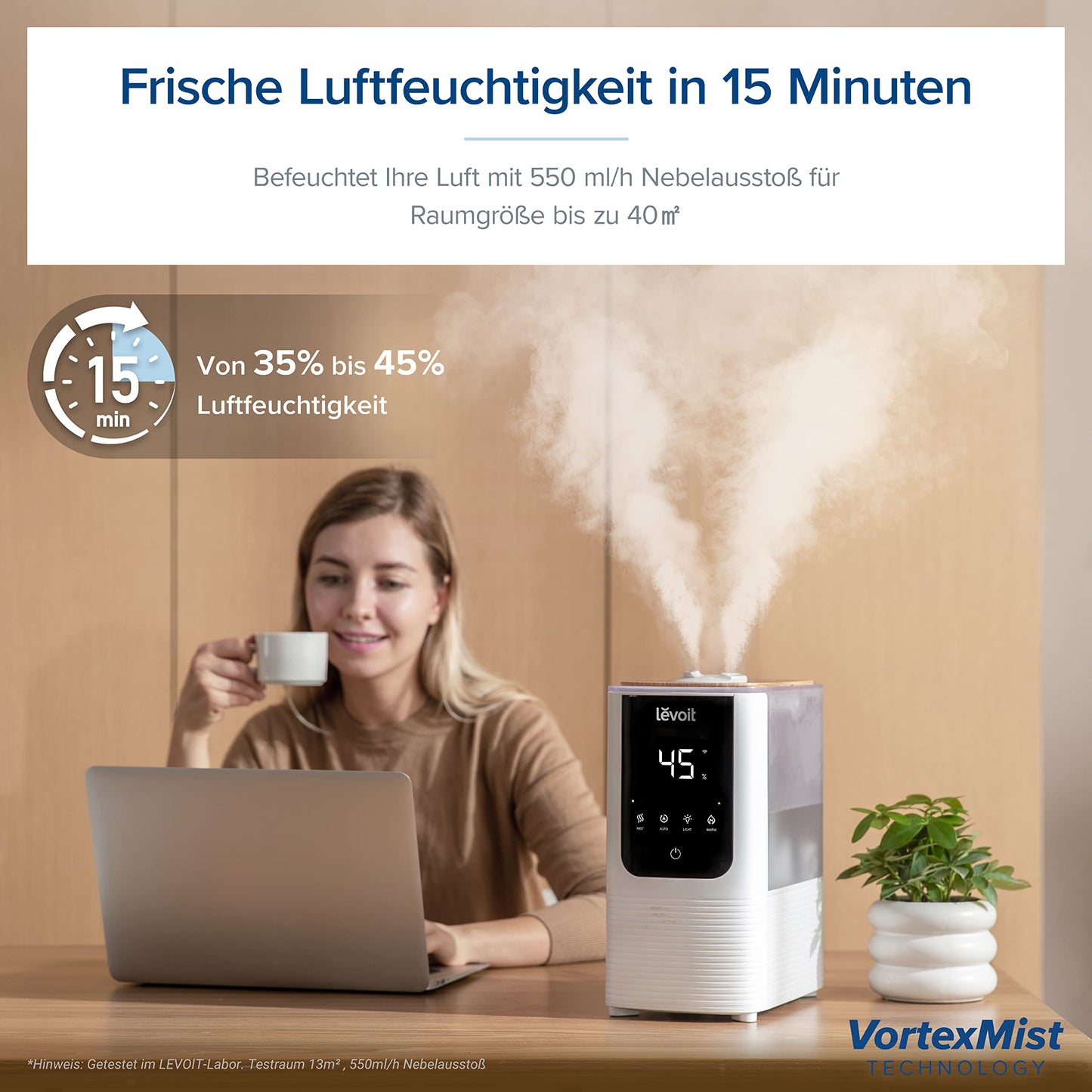 Levoit Smart humidifier for large rooms, top-fill humidifier, warm & cold mist max 550 ml/h, up to 40㎡, quiet room humidifier with night light for plants, auto shut-off, 4.5 L, moon white - LUH-O451S-WUK